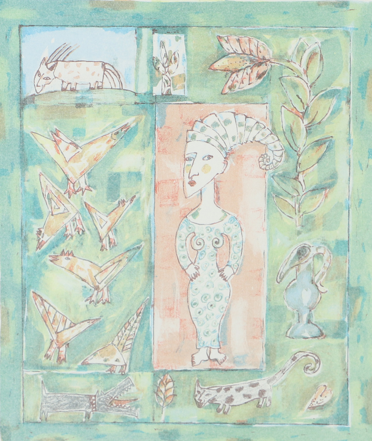 AINO MYLLYKANGAS. Komposition med kvinna och djur, färglitografi, signerad.