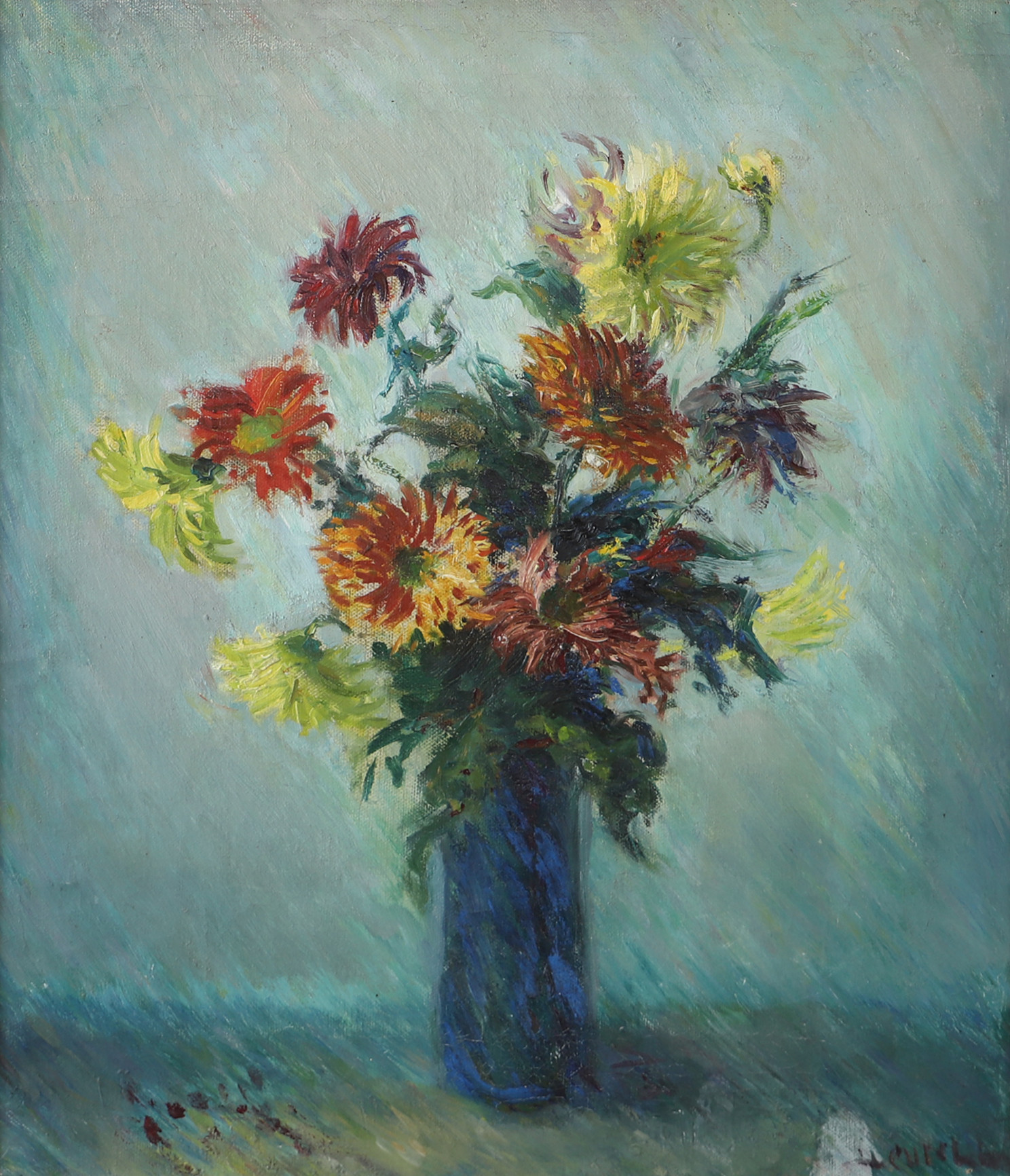 OIDENTIFIERAD KONSTNÄR. Blomsterstilleben, olja på duk, otydligt signerad.