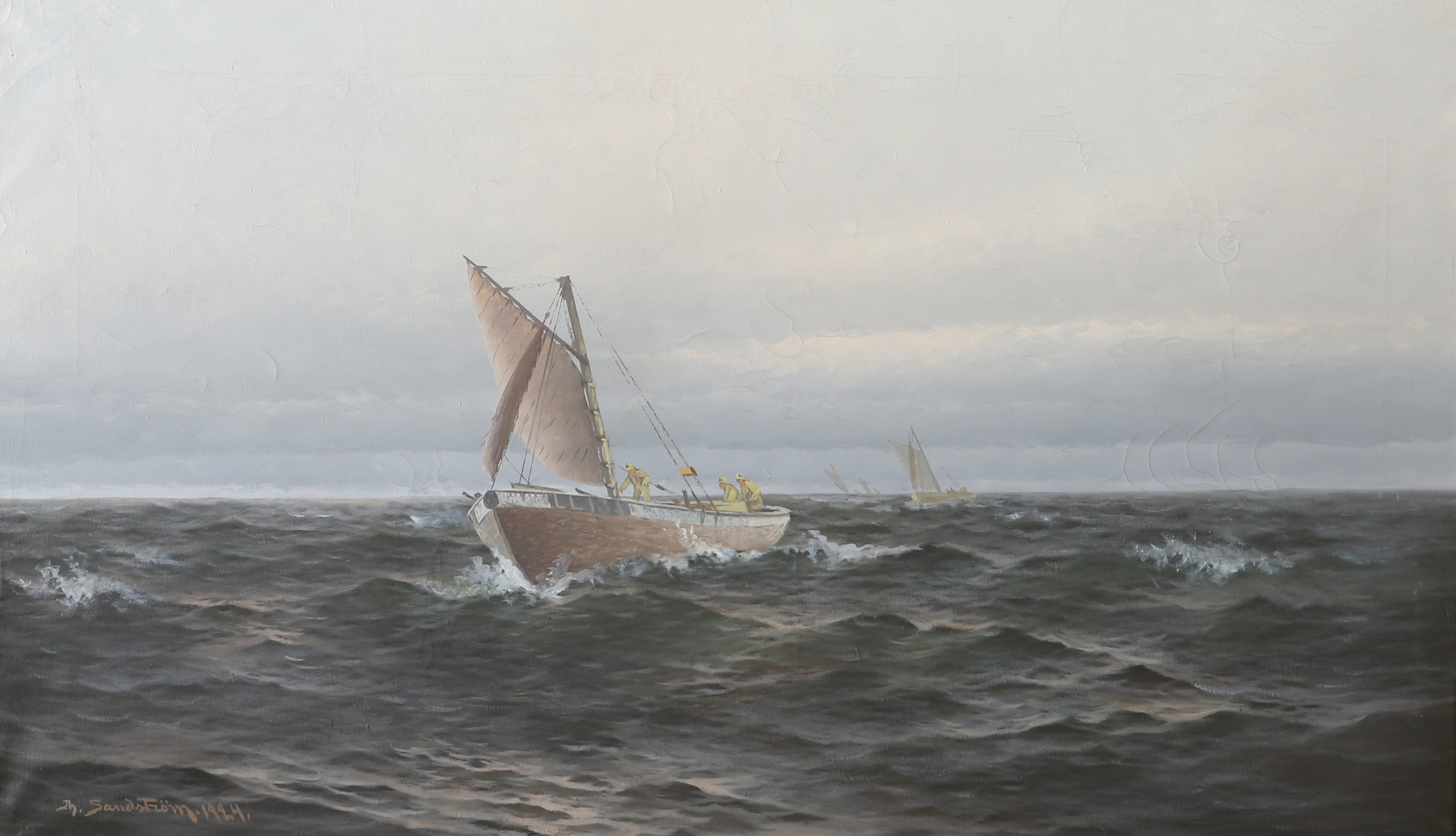 THERESIA SANDSTRÖM. Havsbild med fiskebåtar, olja på duk, signerad.