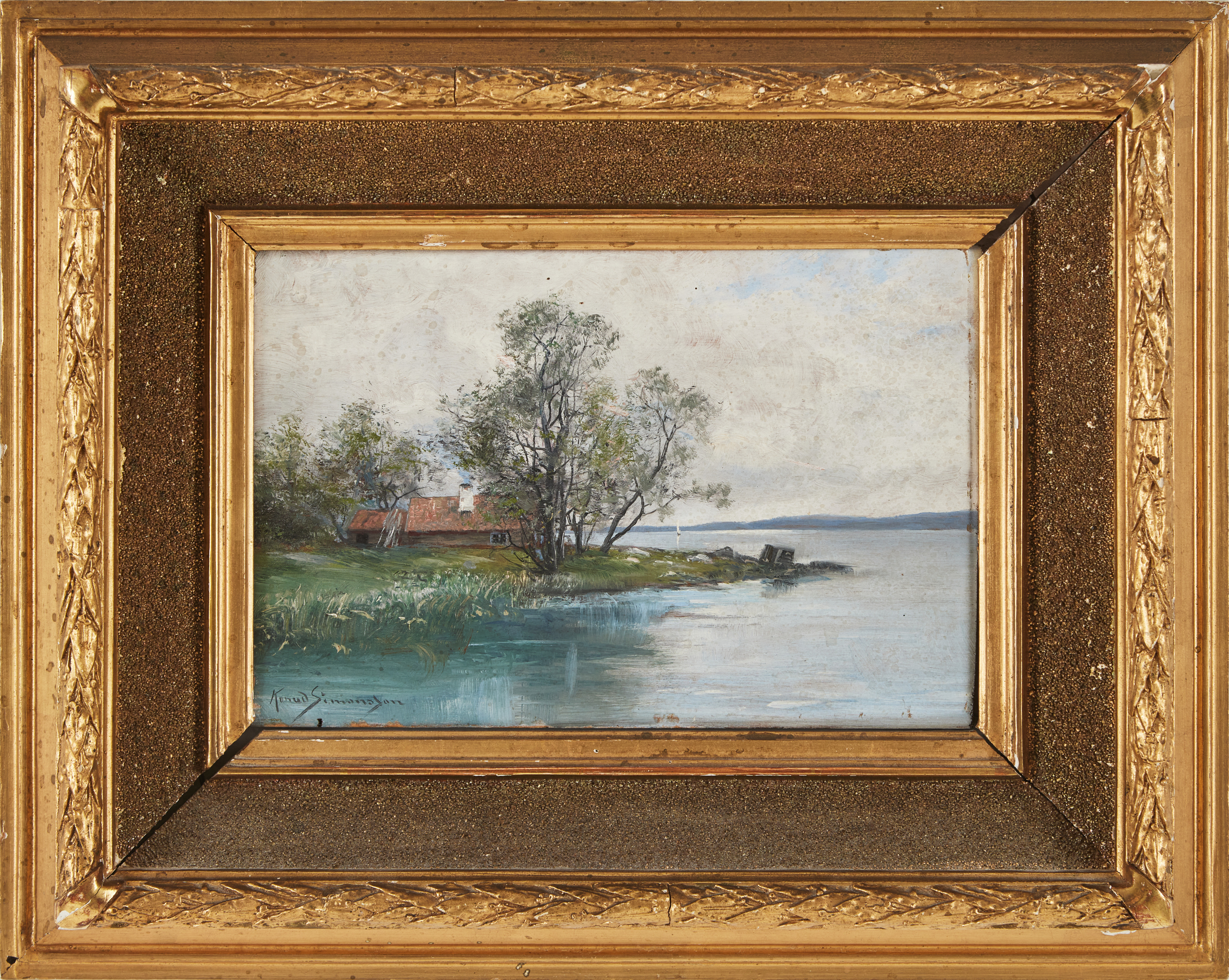KONRAD SIMONSSON (1843-1911). Landskap med stuga, olja på pannå, signerad.