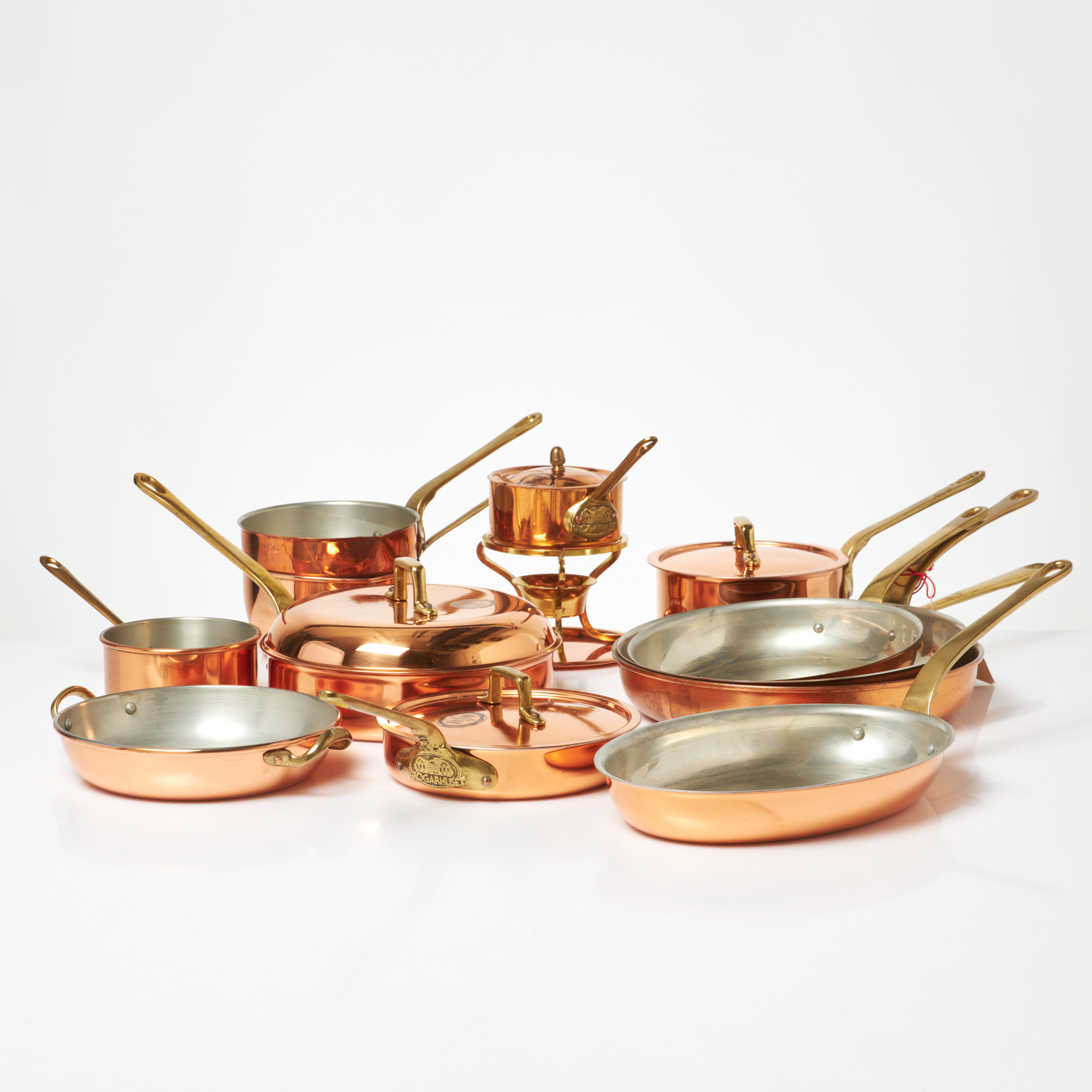 KRÖGARHUSET, 13 delar, koppar med mässingshandtag, invändigt förtennade.