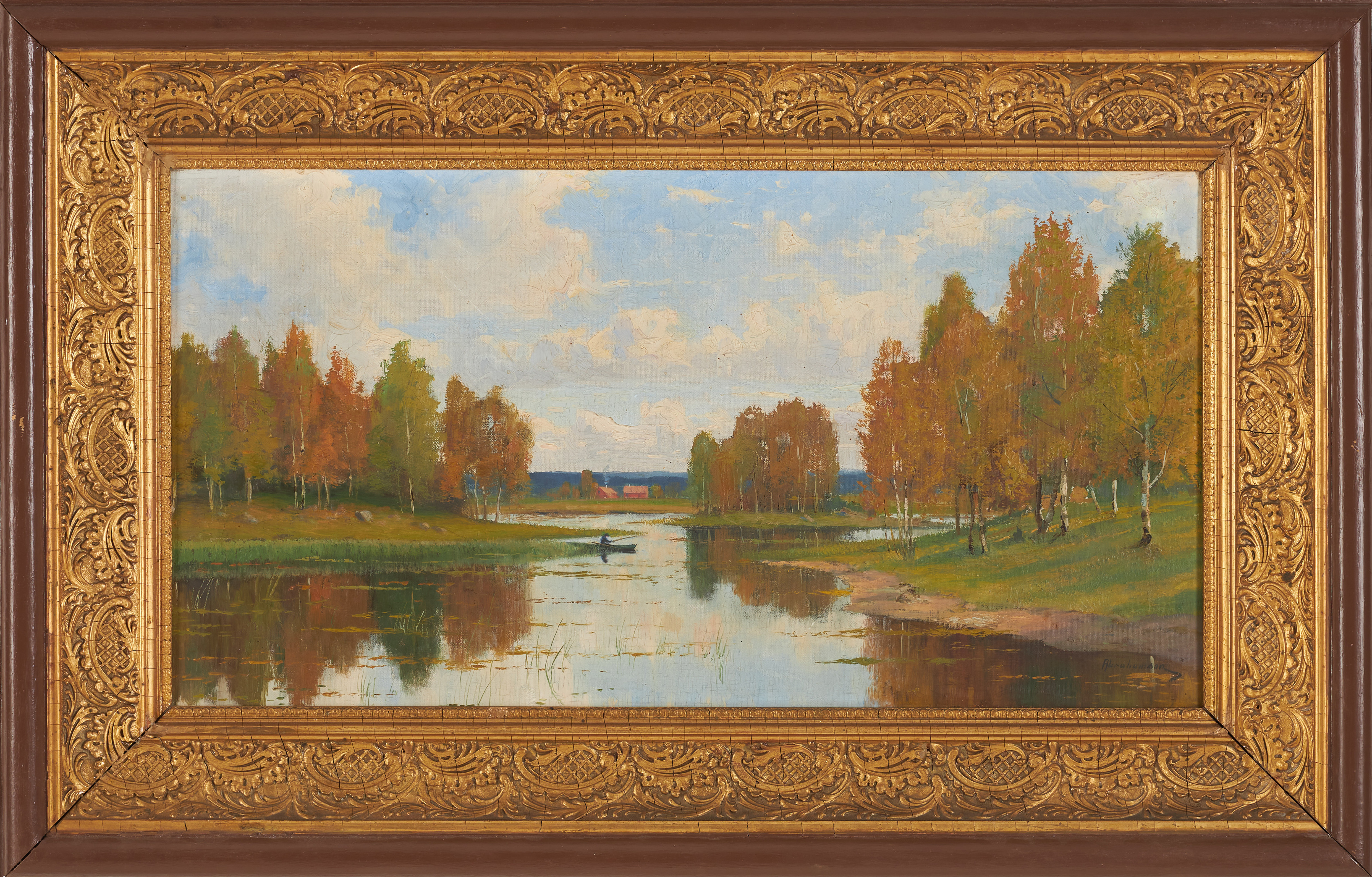 ERIK ABRAHAMSSON (1871-1907). Sjölandskap med fiskare, olja på duk, signerad.