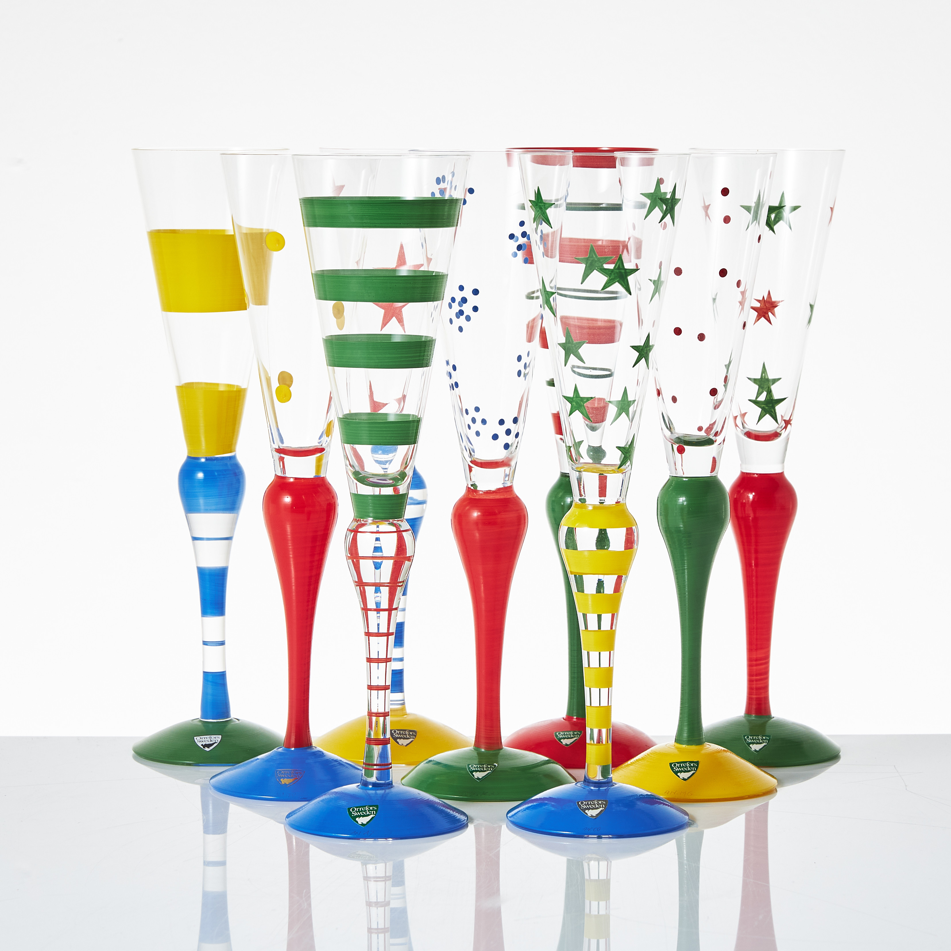 ANNE NILSSON. "Clown", champagneglas, 9 st., signerade, Orrefors.