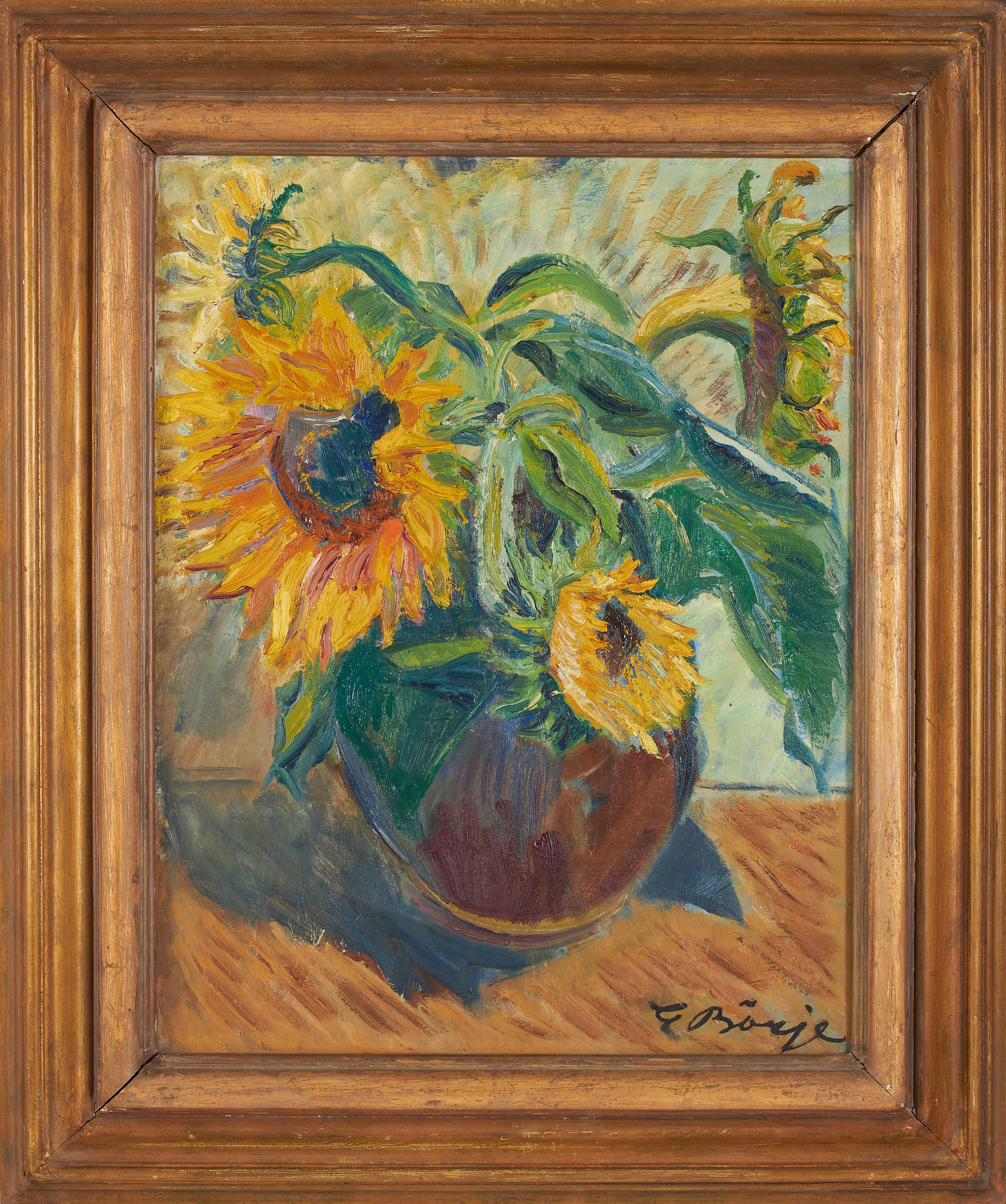 GIDEON BÖRJE. Stilleben med solrosor, olja på pannå, signerad.