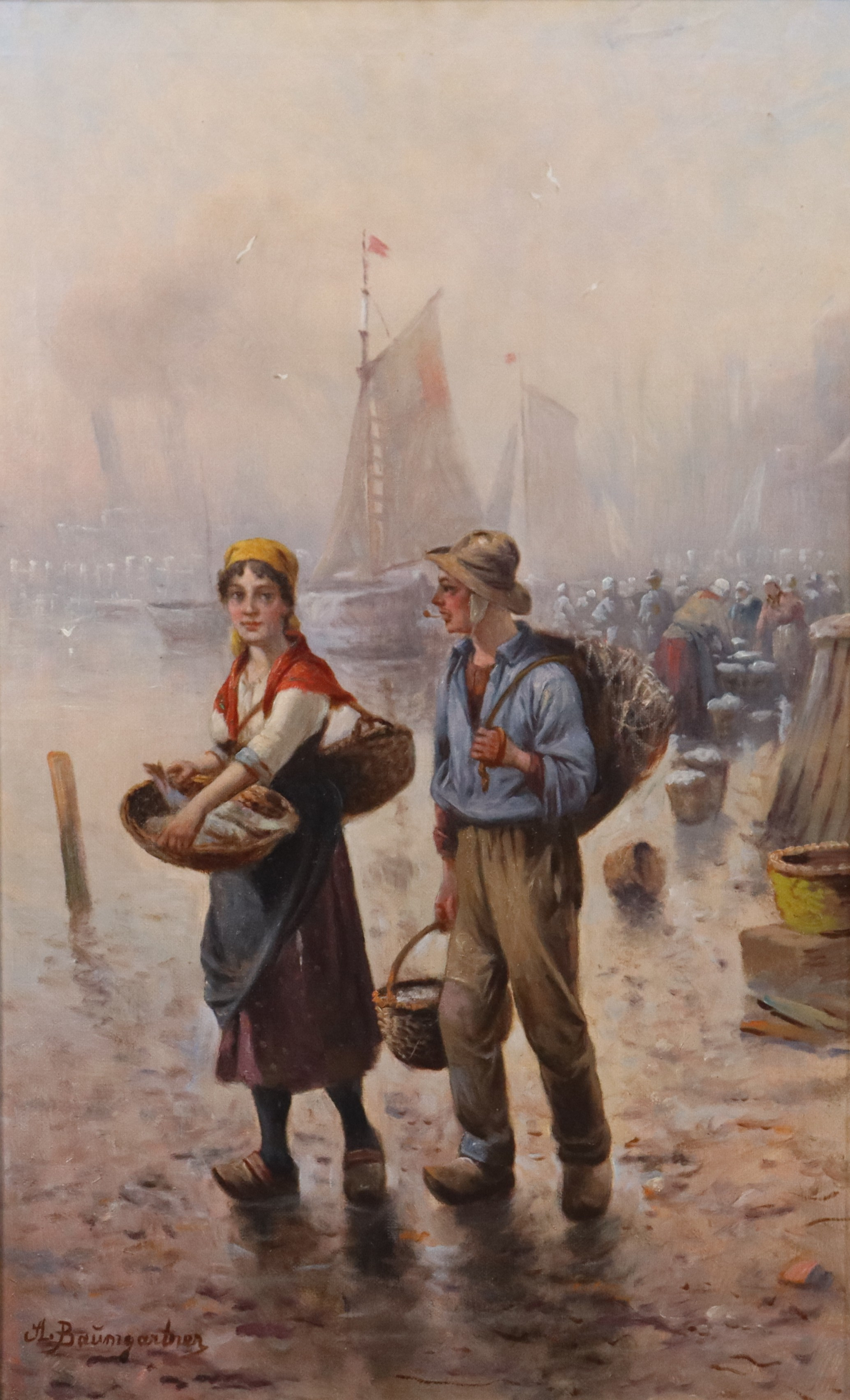 ADOLF BAUMGARTNER. olja på duk, ungt par på hamnmarknad.