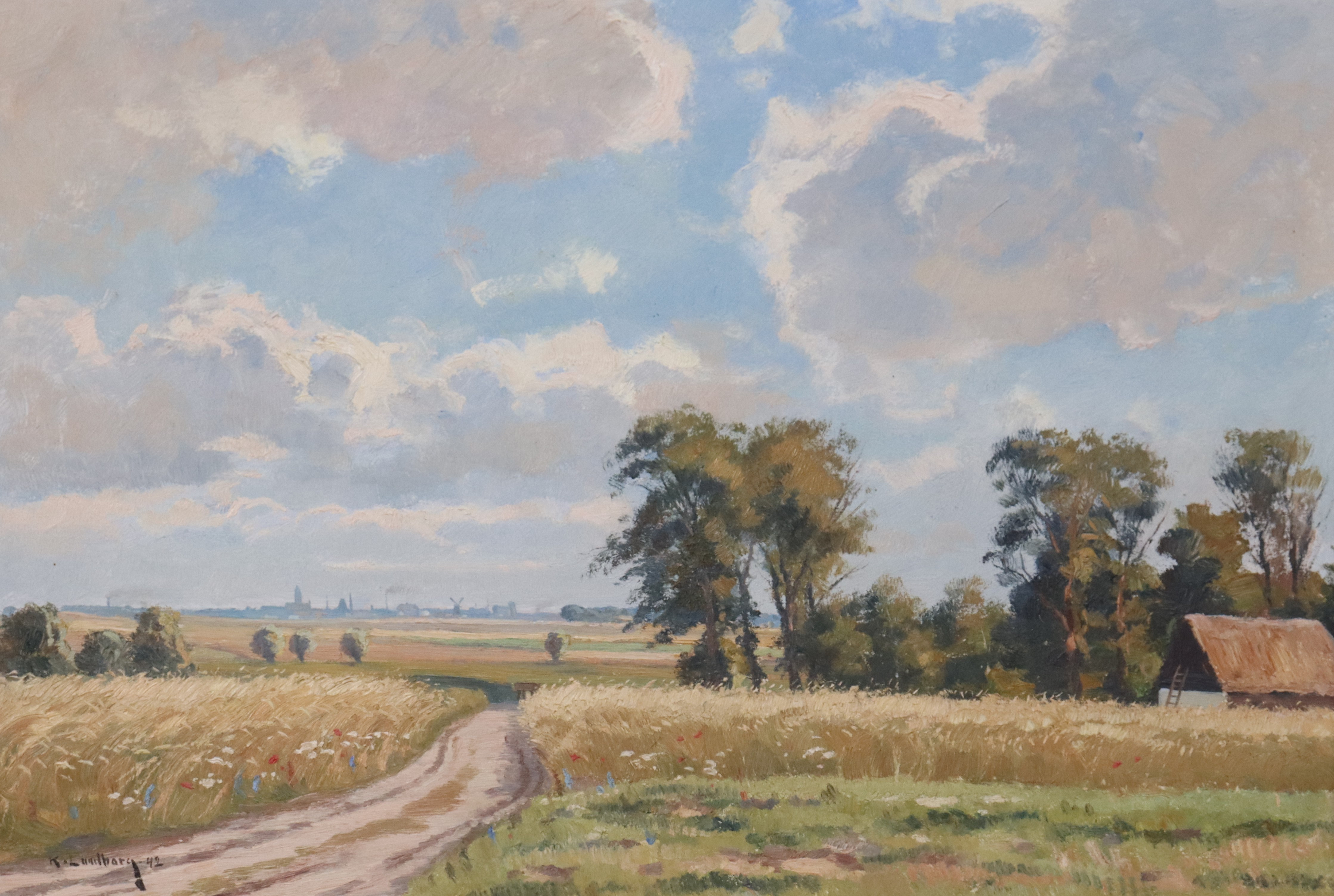 KARL LUNDBORG. olja på pannå, "Trelleborg sett från Maglarp".