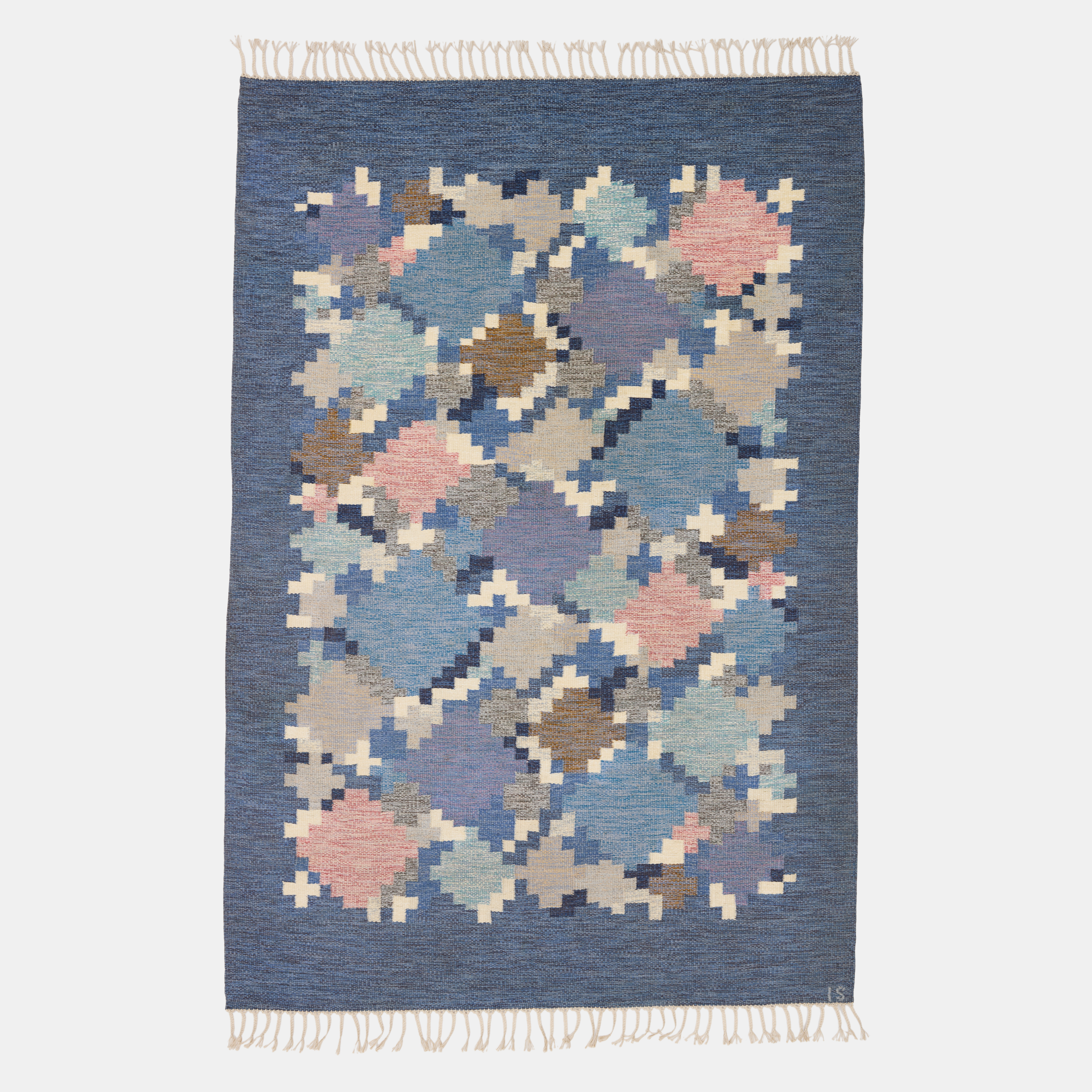 INGEGERD SILOW. "Barken", matta, rölakan, geometrisk dekor i rosa, blått och brunt, 280 x 191 cm.