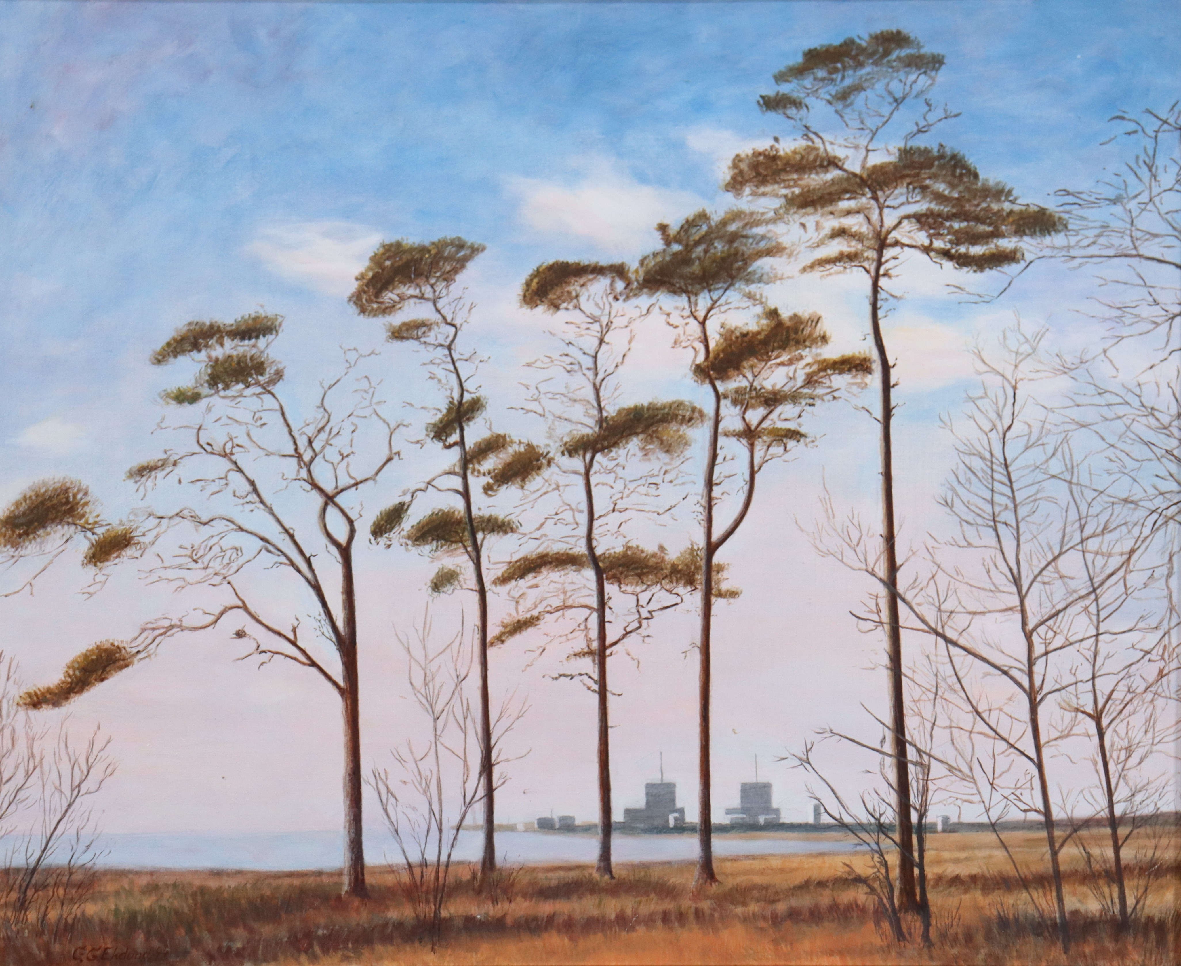 CARL-GUSTAV EKELUND (1922-2010). olja på duk, utsikt mot kärnkraftverket i Barsebäck.