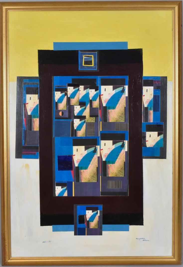 INGVAR OLSON. Oljemålning med collage på pannå.