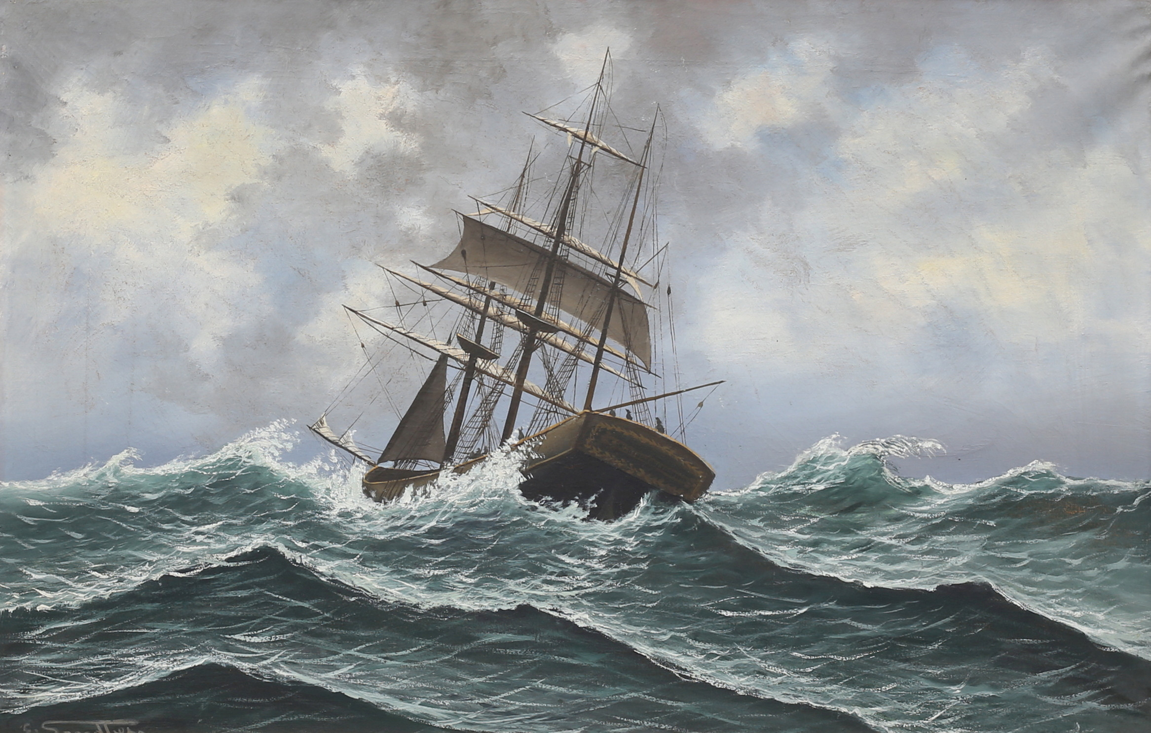 OIDENTIFIERAD KONSTNÄR. Skepp i hög sjö. Olja på duk, signerad E. Sandberg.