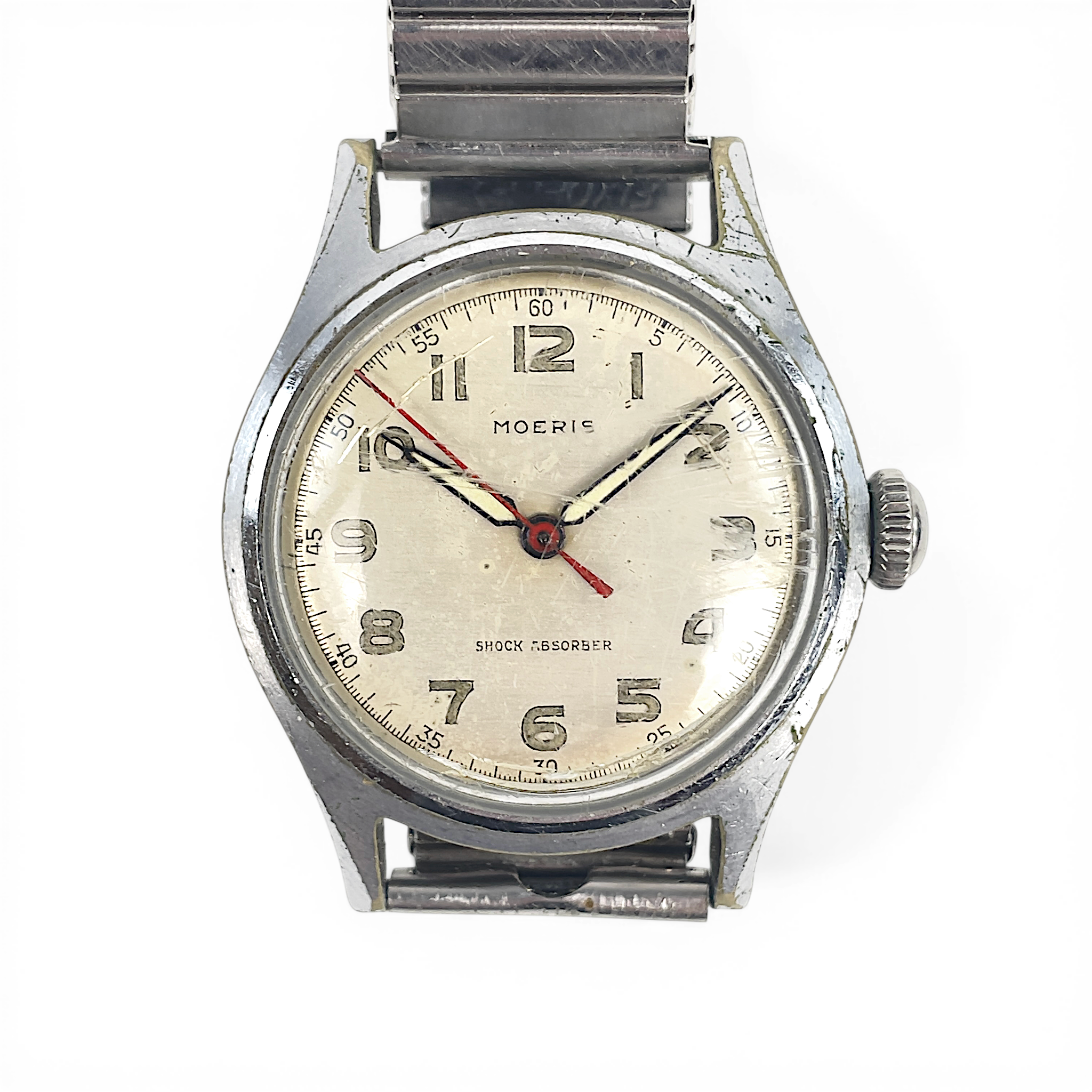 ARMBANDSUR. Moeris, stål, manuell, Schweiz, omkring 1940-tal.