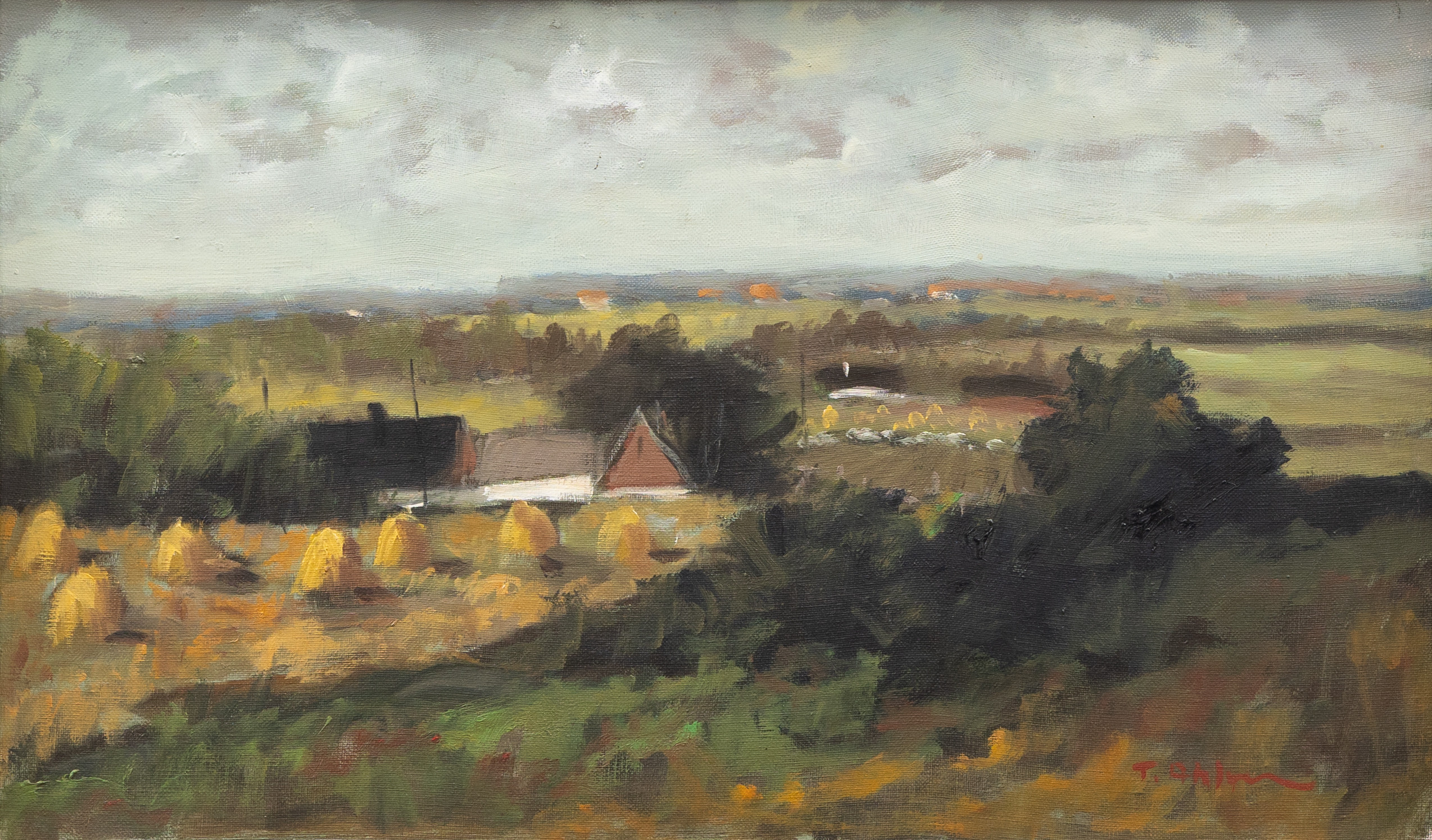 TAGE RUDOLF  AHLM. Gård i landskap, olja på duk, signerad.