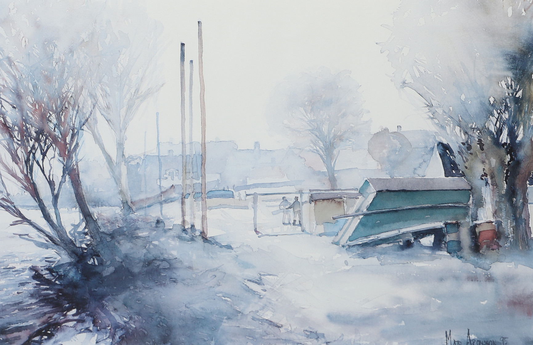 MATS ARONSSON. Landskap med figurer, akvarell, signerad -95.