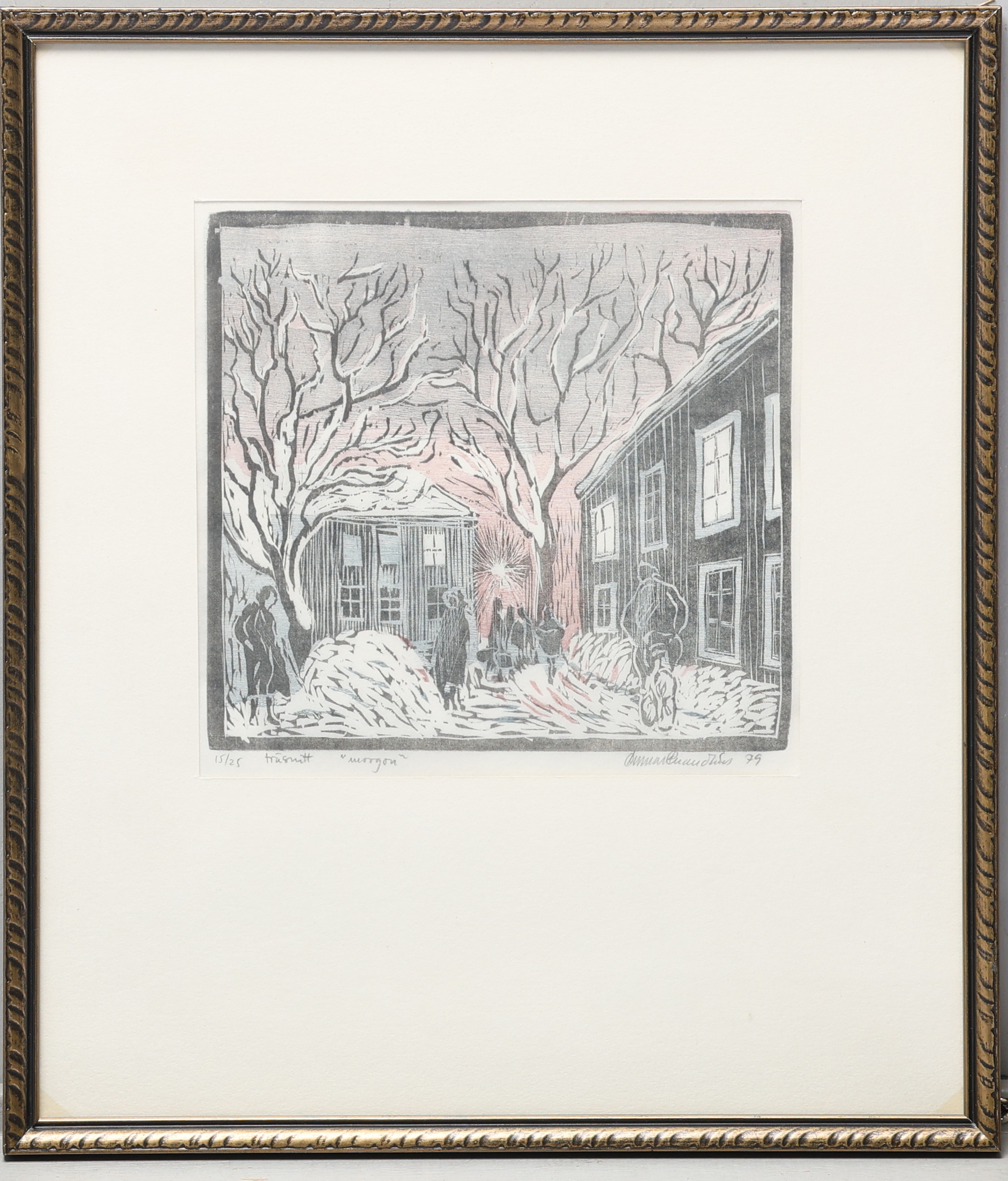 OIDENTIFIERAD KONSTNÄR. Träsnitt, "Morrgon" , signerad.