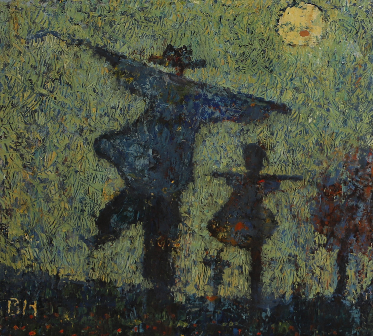 BIRGER HALLING. "Fågelskrämmor, olja på pannå, signerad B.H.