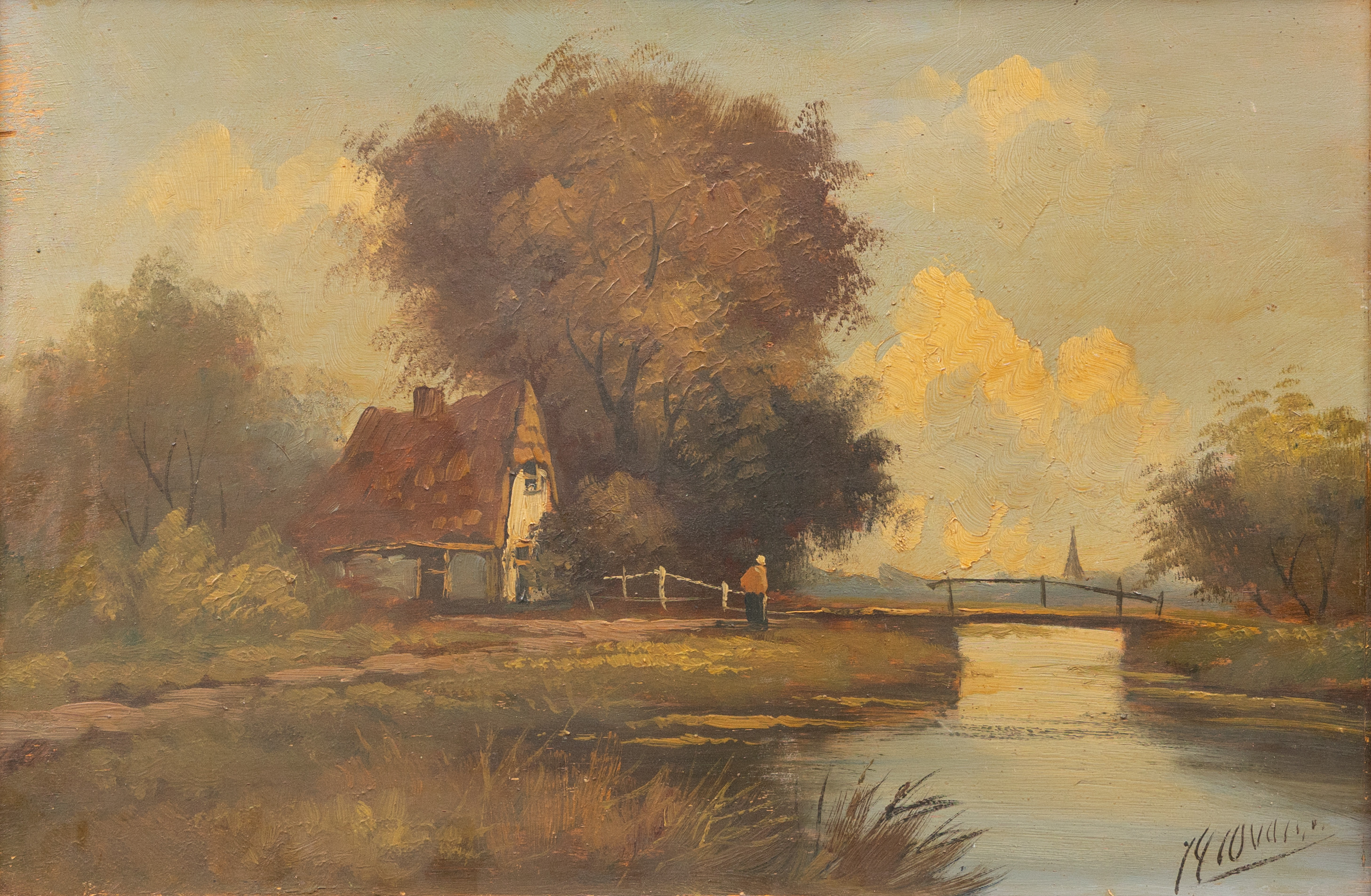 OIDENTIFIERAD KONSTNÄR. Huset vid bron, olja på träpannå, möjligen Tyskland, otydligt signerad.
