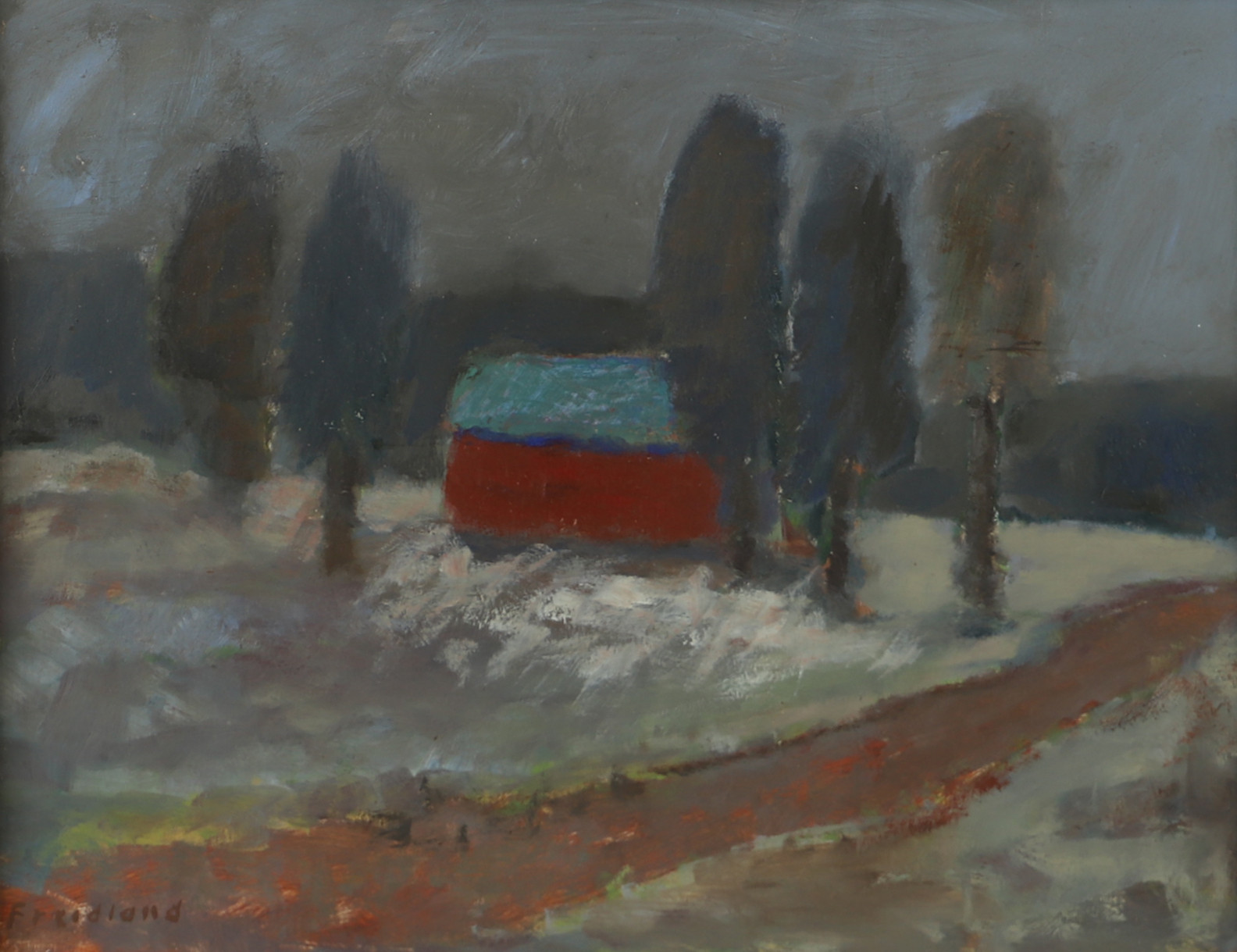 OIDENTIFIERAD KONSTNÄR. Landskap med rött hus, olja på pannå, signerad Friedland.