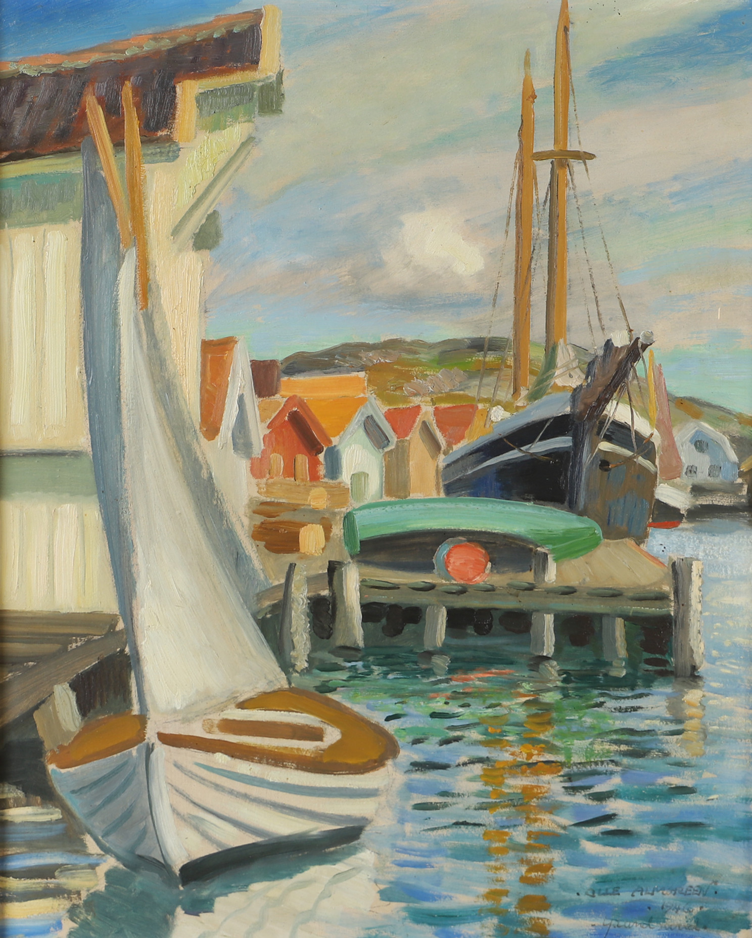 OLLE ALMGREEN. Fiskehamn, olja på pannå, signerad.