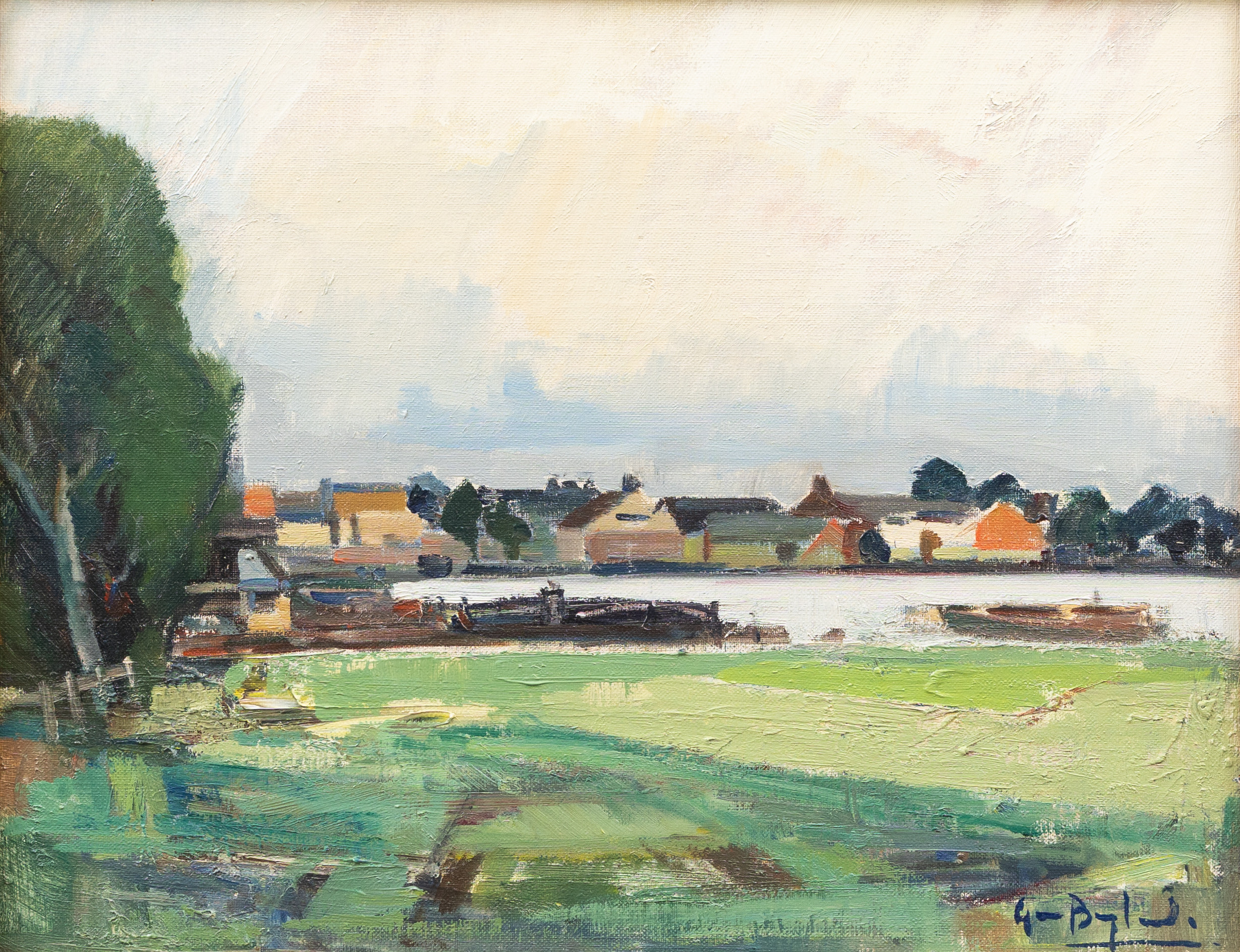 GUNNAR BERGLUND. "Lomma meed Höje å", olja på pannå, signerad.