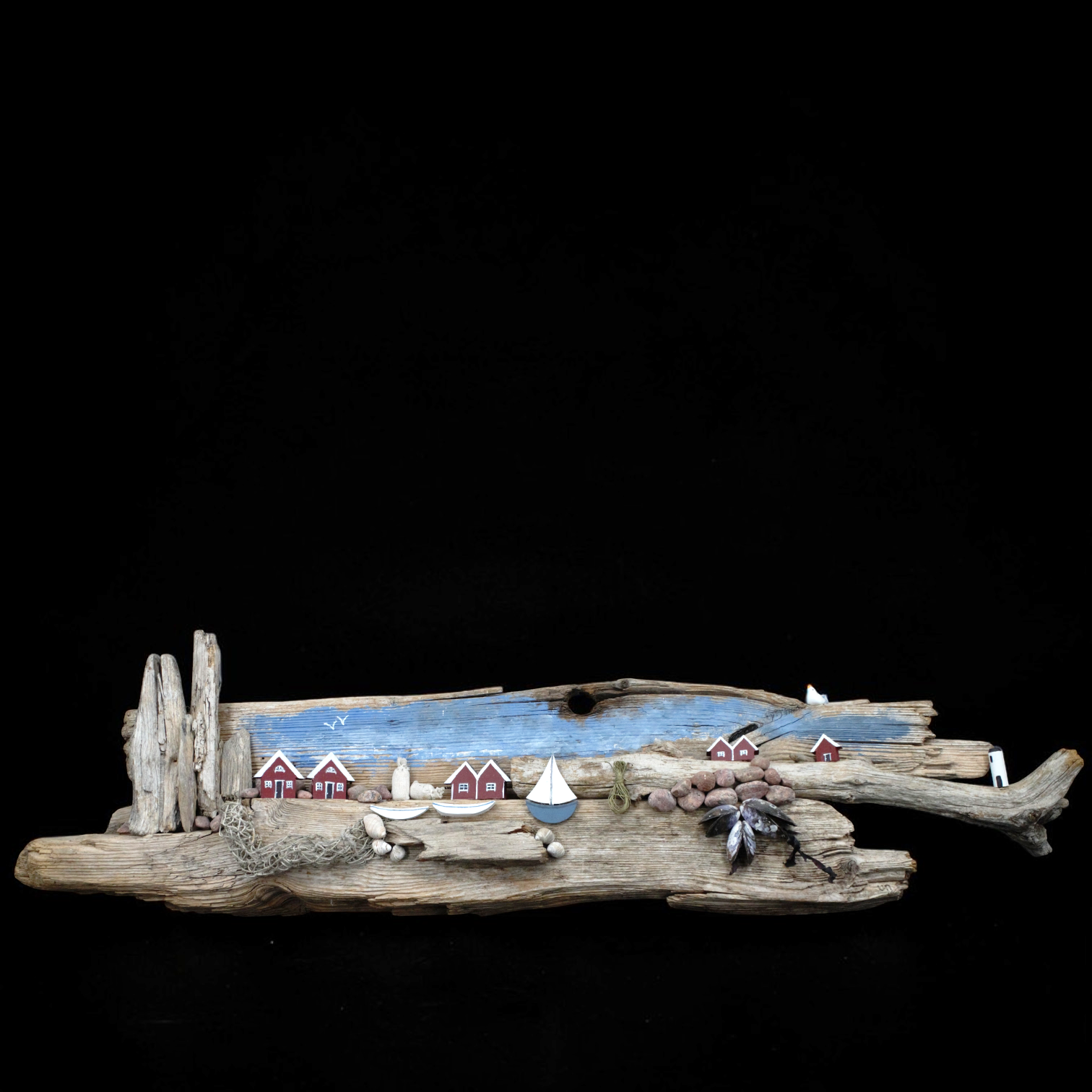 OIDENTIFIERAD KONSTNÄR. Väggskulptur, drivved, skärgårdsmotiv, signerad, UV.