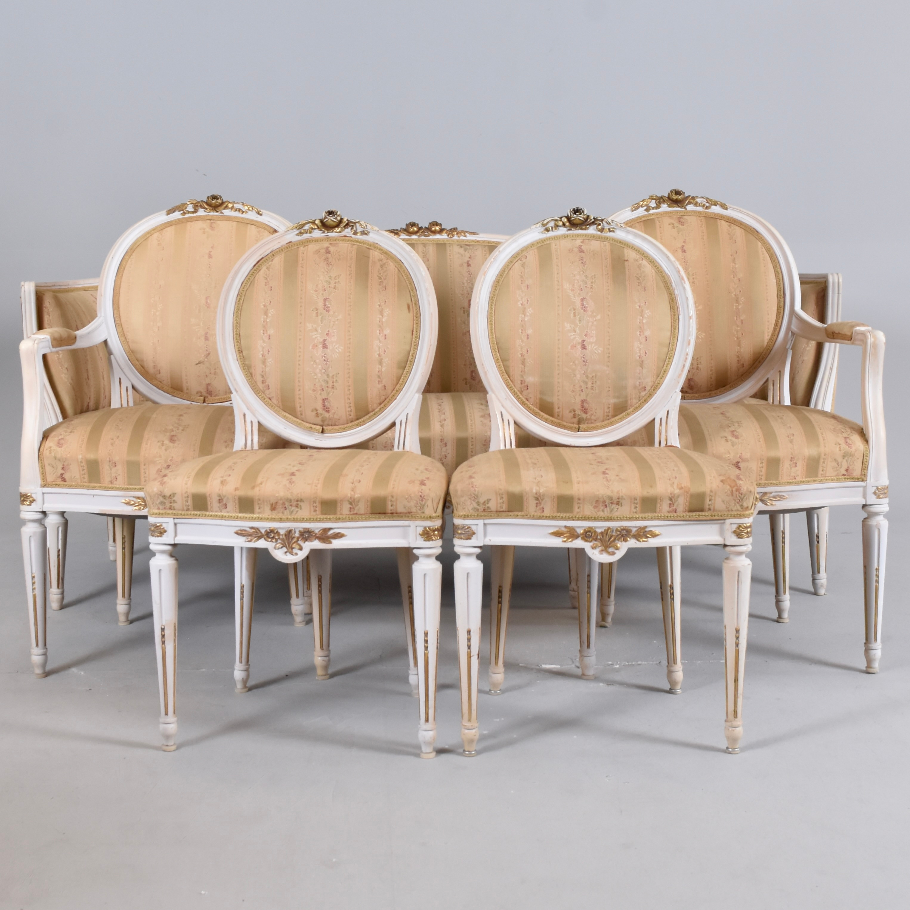 SOFFGRUPP, 5 delar, skuret, lackerat och bronserat trä, gustaviansk stil, 1900-talets första hälft.