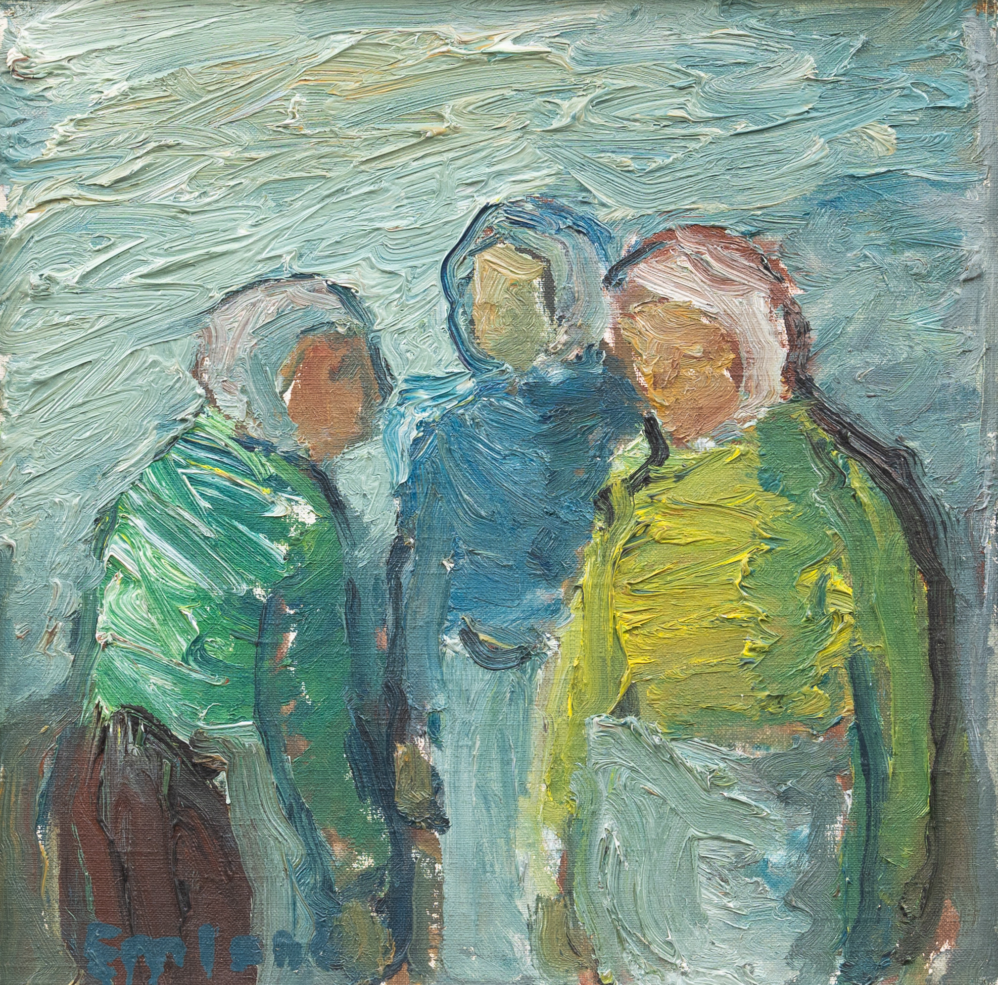 EINAR EMLAND. Fiskarkvinnor, olja på pannå, signerad.