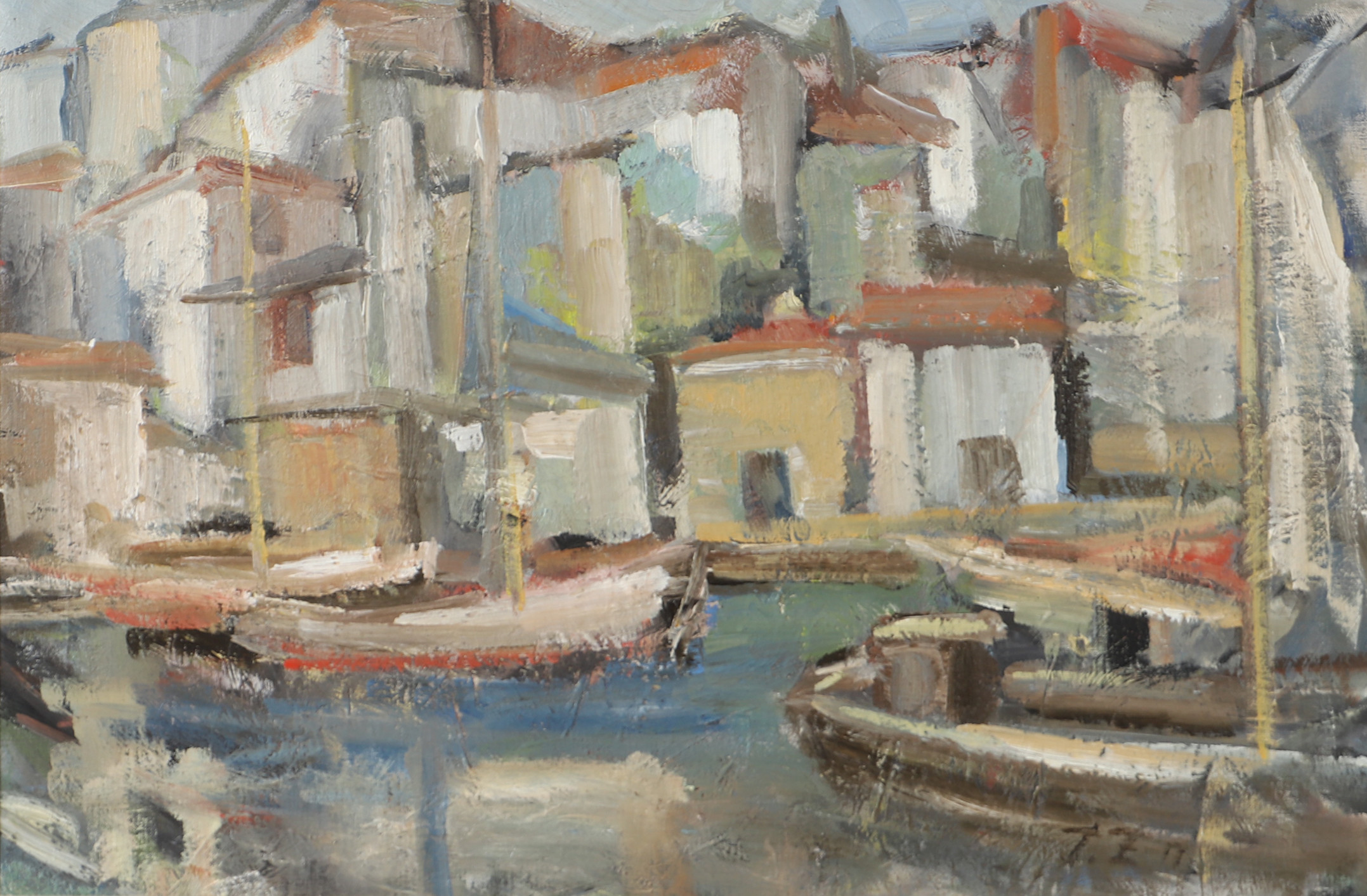 OIDENTIFIERAD KONSTNÄR. Fiskehamn, olja på duk, monogramsignerad.