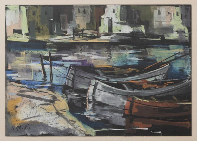 TEDDE RHODIN. Båtar i hamn, blandteknik, signerad.