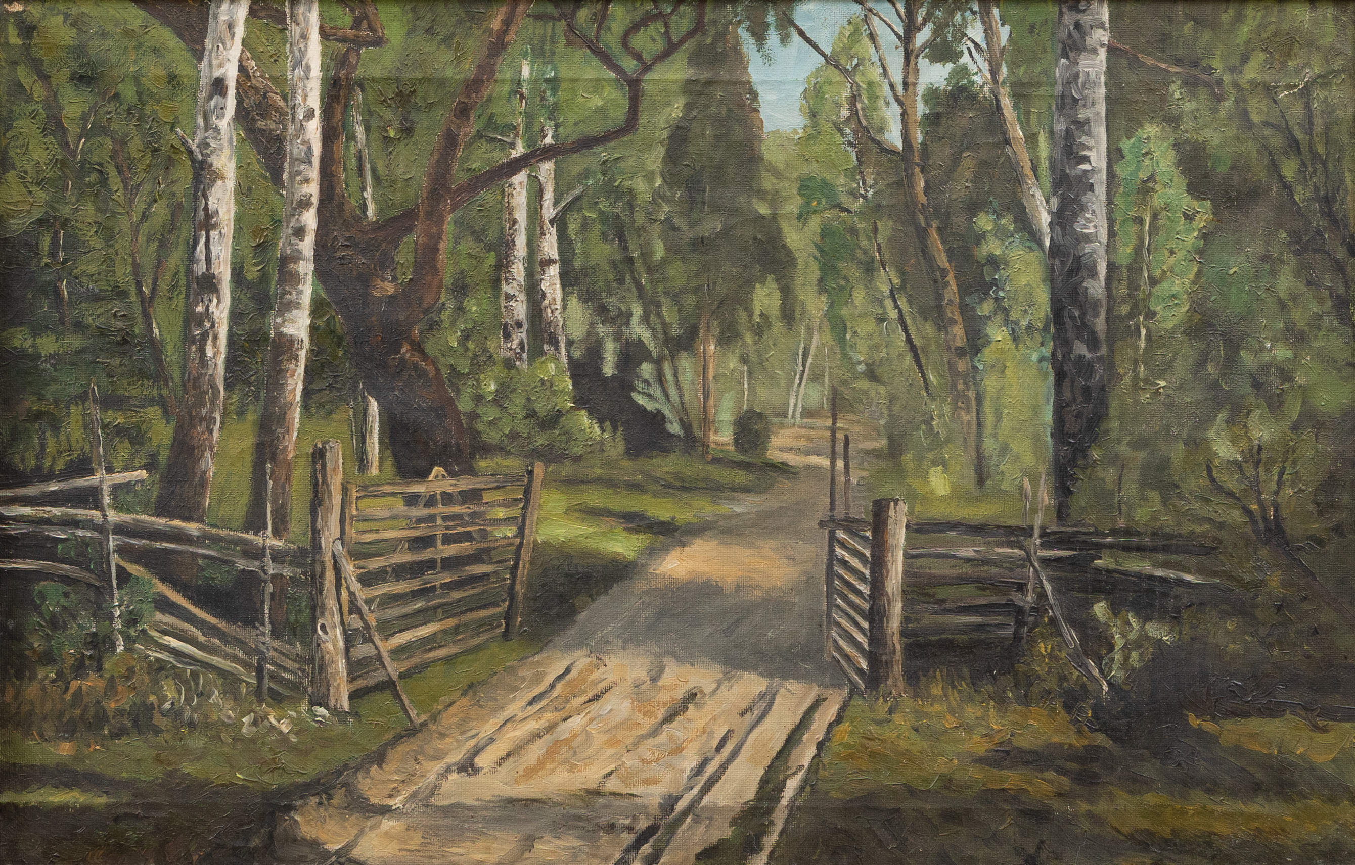 OIDENTIFIERAD KONSTNÄR. Grind i skogslandskap, olja på duk, otydligt signerad.