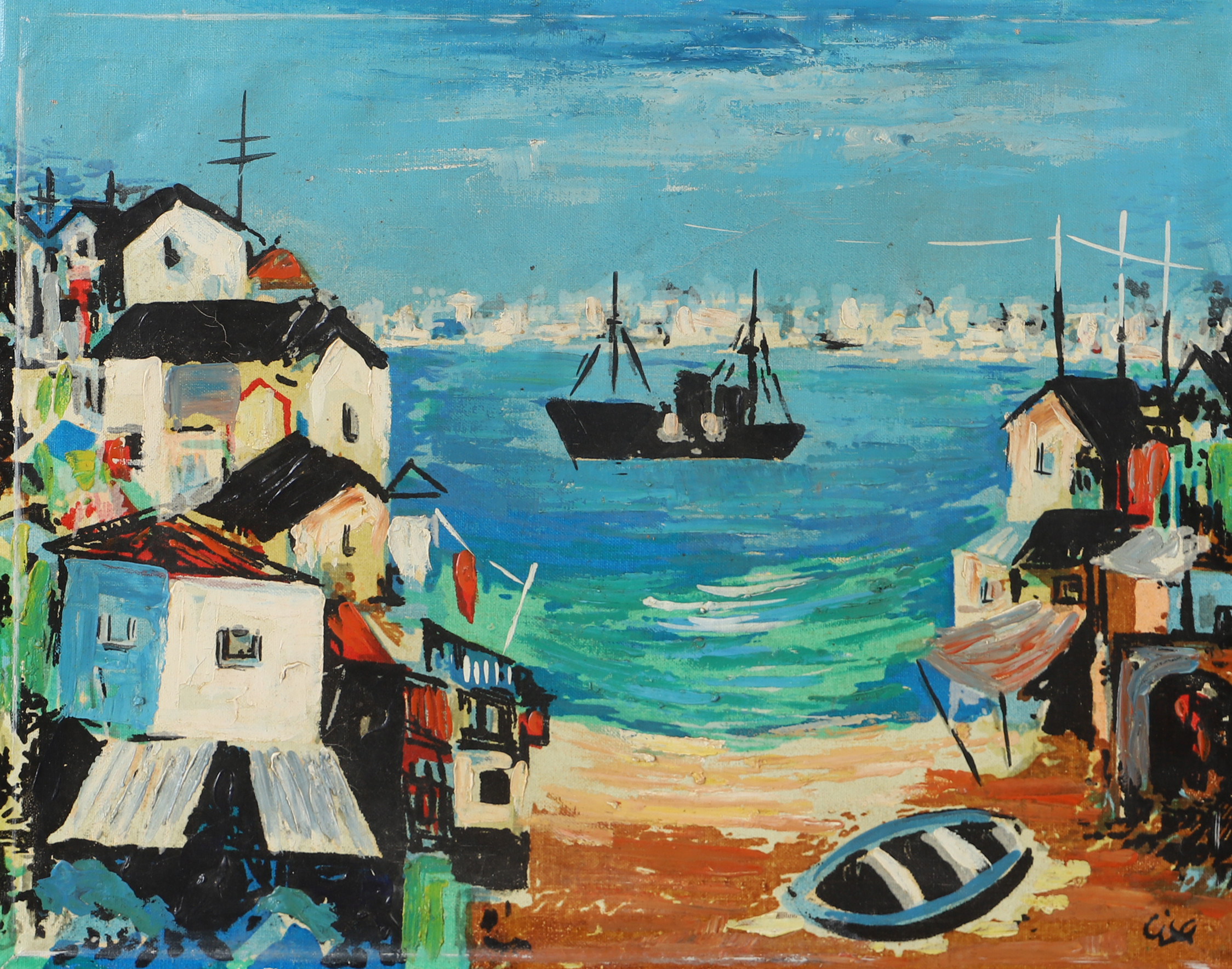 OIDENTIFIERAD KONSTNÄR. Kustbild med hus och båt, olja på duk, otydligt signerad.