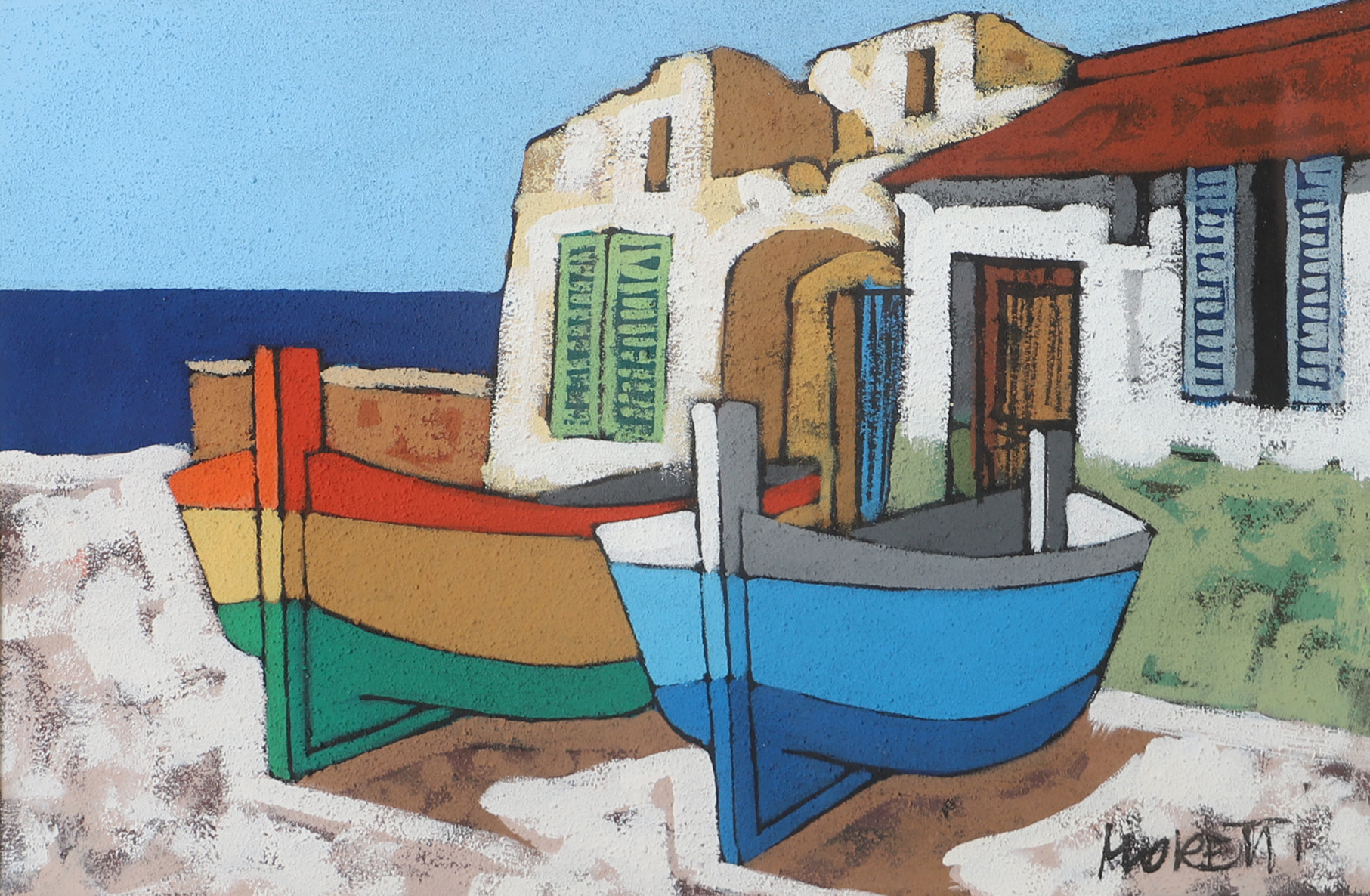 OIDENTIFIERAD KONSTNÄR. Kustparti med båtar, blandteknik, signerad Moretti.