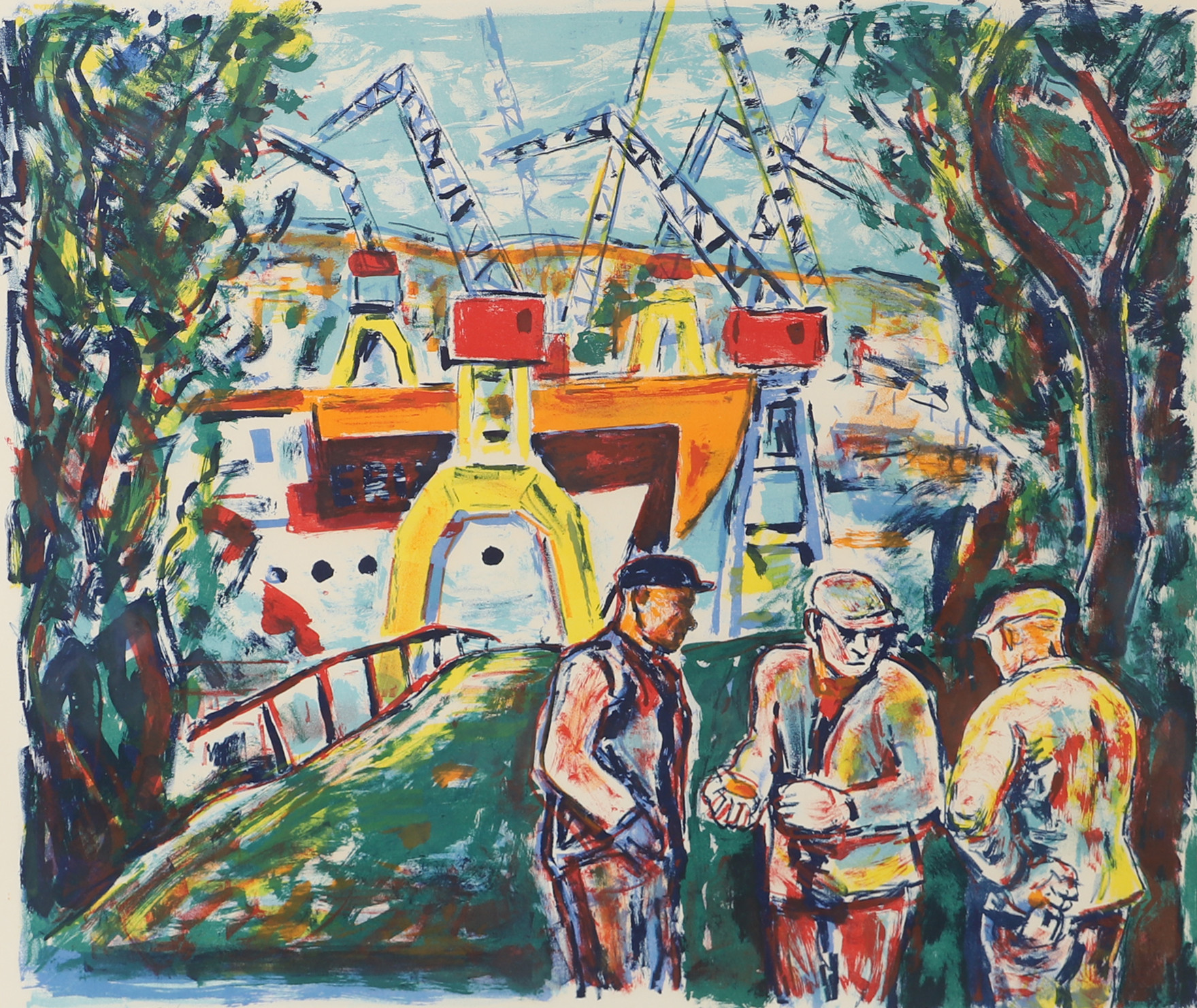 ALBIN AMELIN. Hamnarbetare, färglitografi, signerad Amelin.