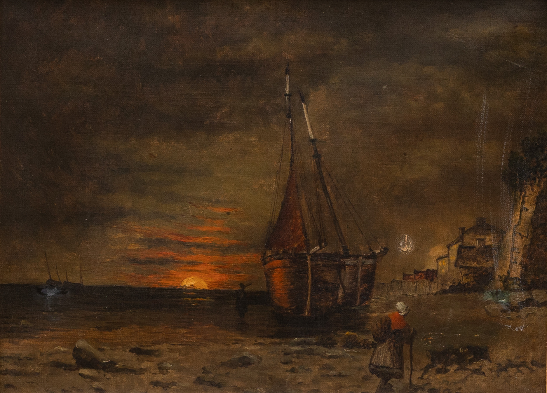 OKÄND KONSTNÄR. Solnedgång över havet, olja på dubblerad duk, osignerad.