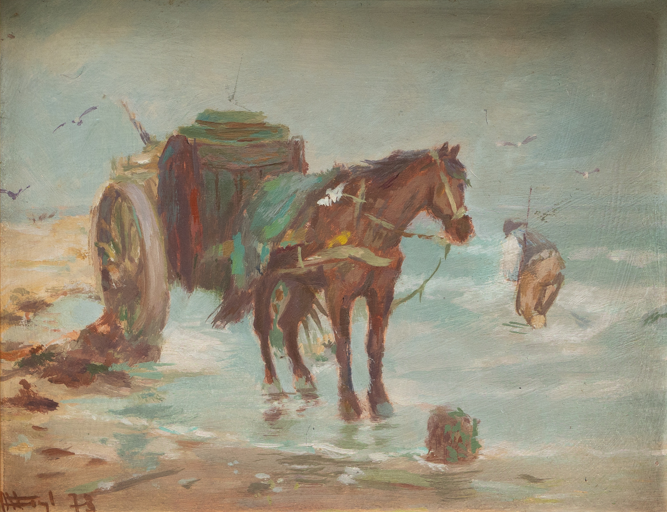 OIDENTIFIERAD KONSTNÄR. Bonde med häst och vagn vid strand, olja på pannå, otydligt signerad och daterad -73.