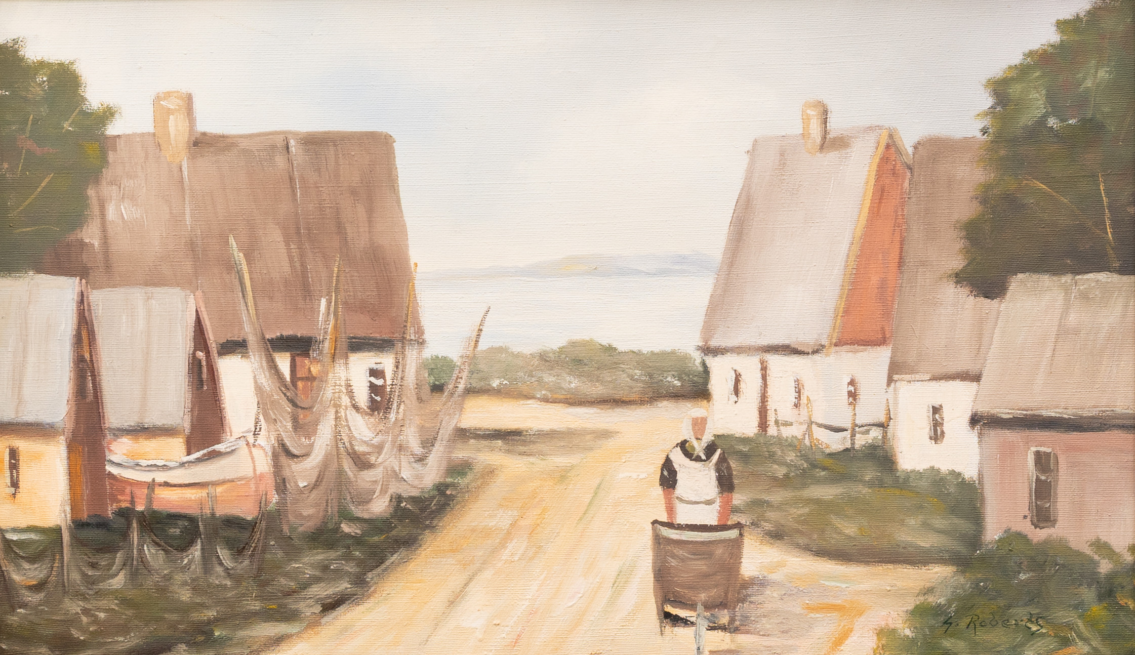 OIDENTIFIERAD KONSTNÄR. "Fiskeläge Borstahusen", olja på duk, signerad G Roberts.