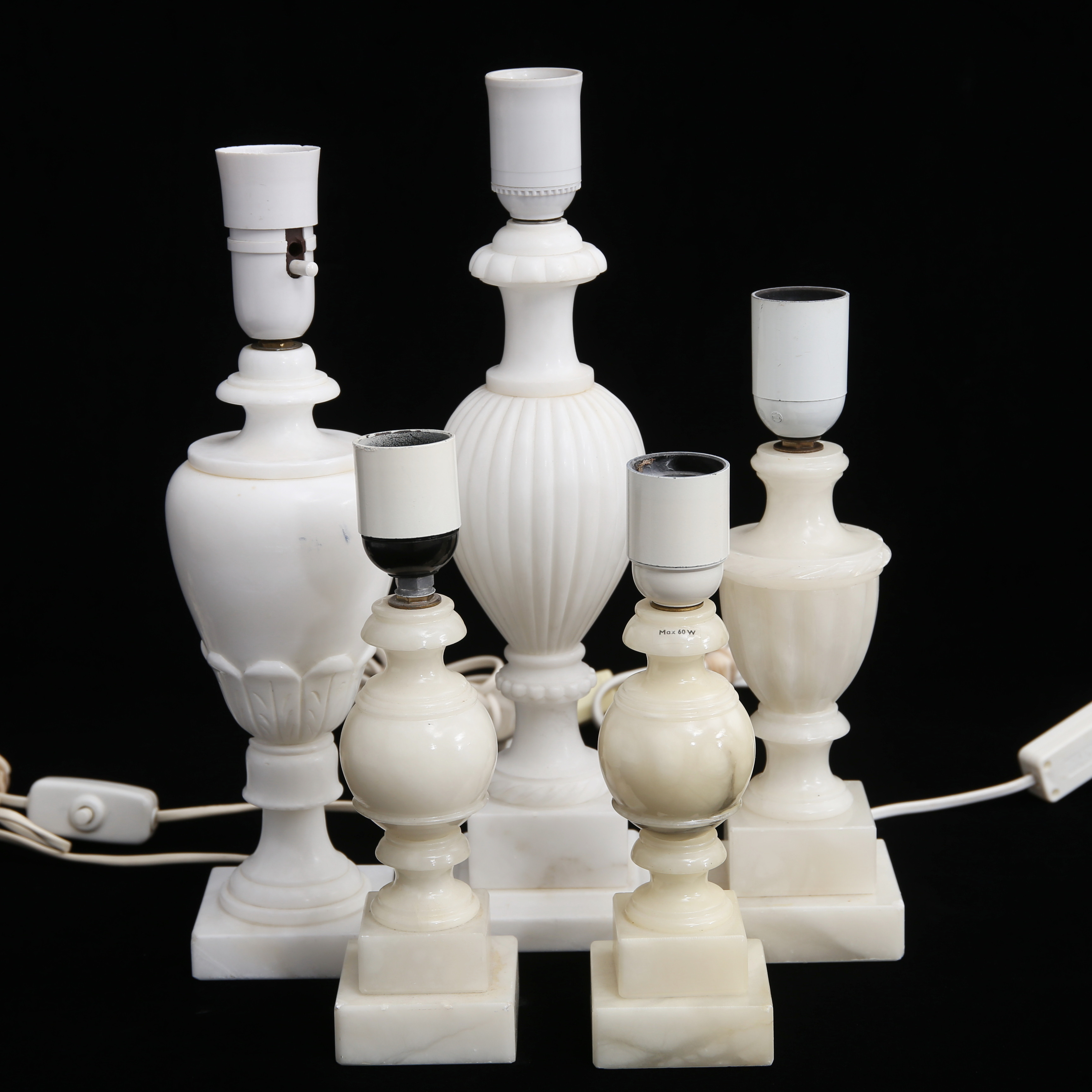 LAMPFÖTTER, 5 st, alabaster, 1900-tal.