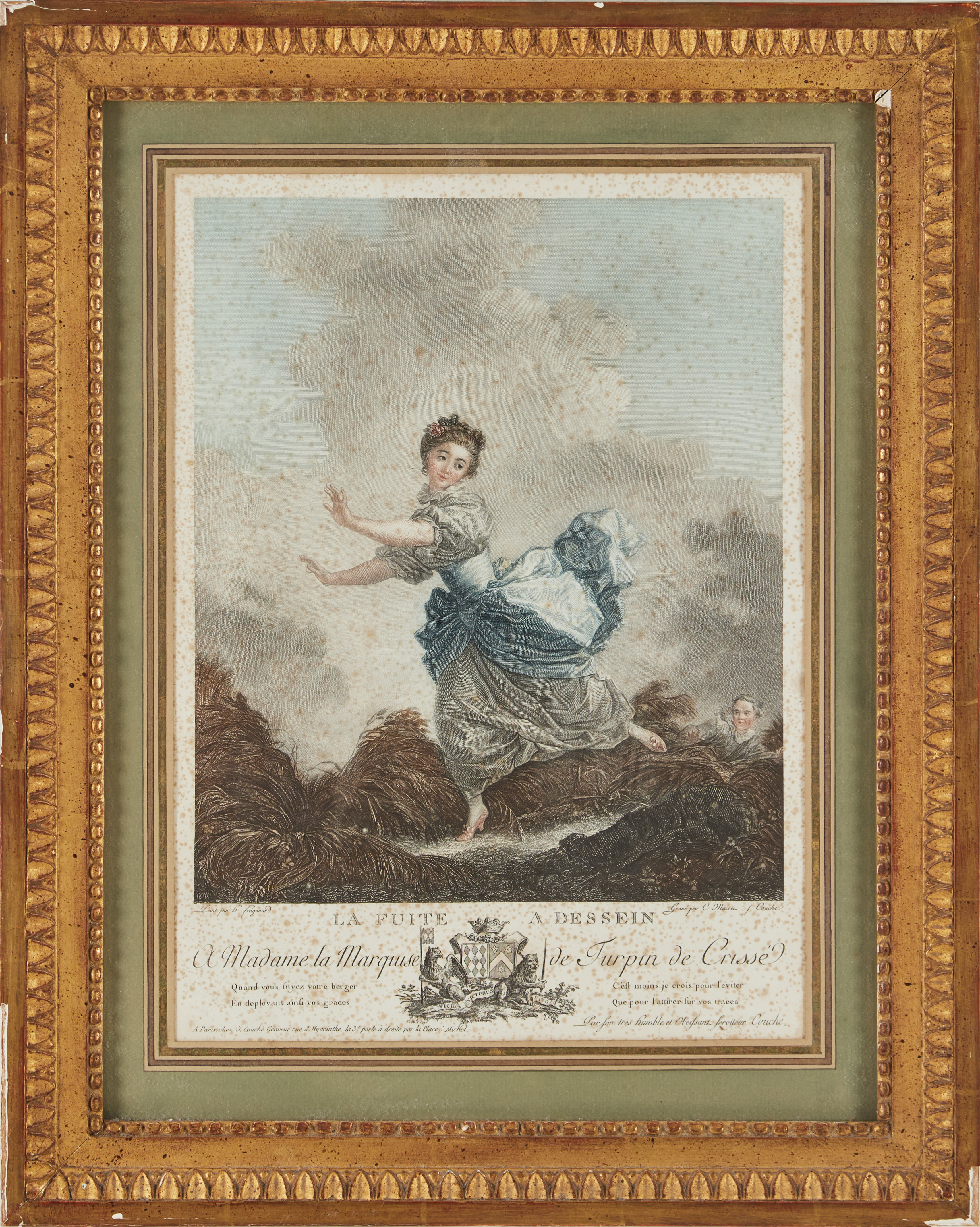 JEAN HONORÉ FRAGONARD, efter, "La fuite a dessein" färggravyr, 1700-talets slut/1800-talets början, Jacques Couché och Charles François Adrien Macret Paris.