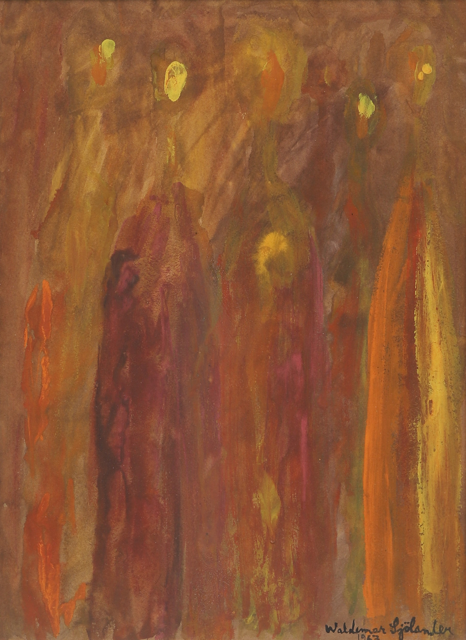 WALDEMAR SJÖLANDER. gouache på papper, abstrakt scen, signerad samt daterad 1967.