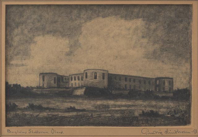 OIDENTIFIERAD KONSTNÄR. "Borgholms slottsruin, Öland", tusch, signerad G Lindholm och daterad -53.