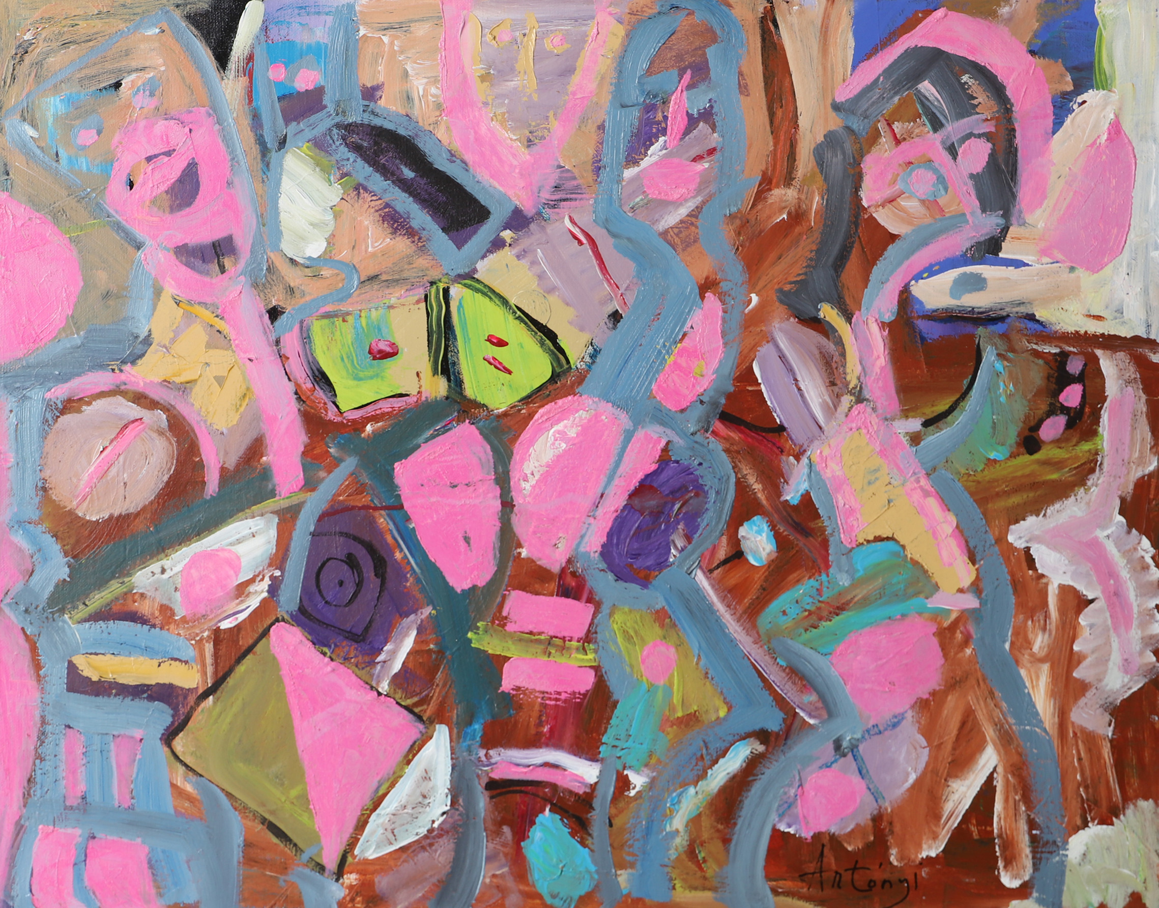 IMRE ANTONYI. Kamouflage figurer, olja på duk, signerad Antonyi.