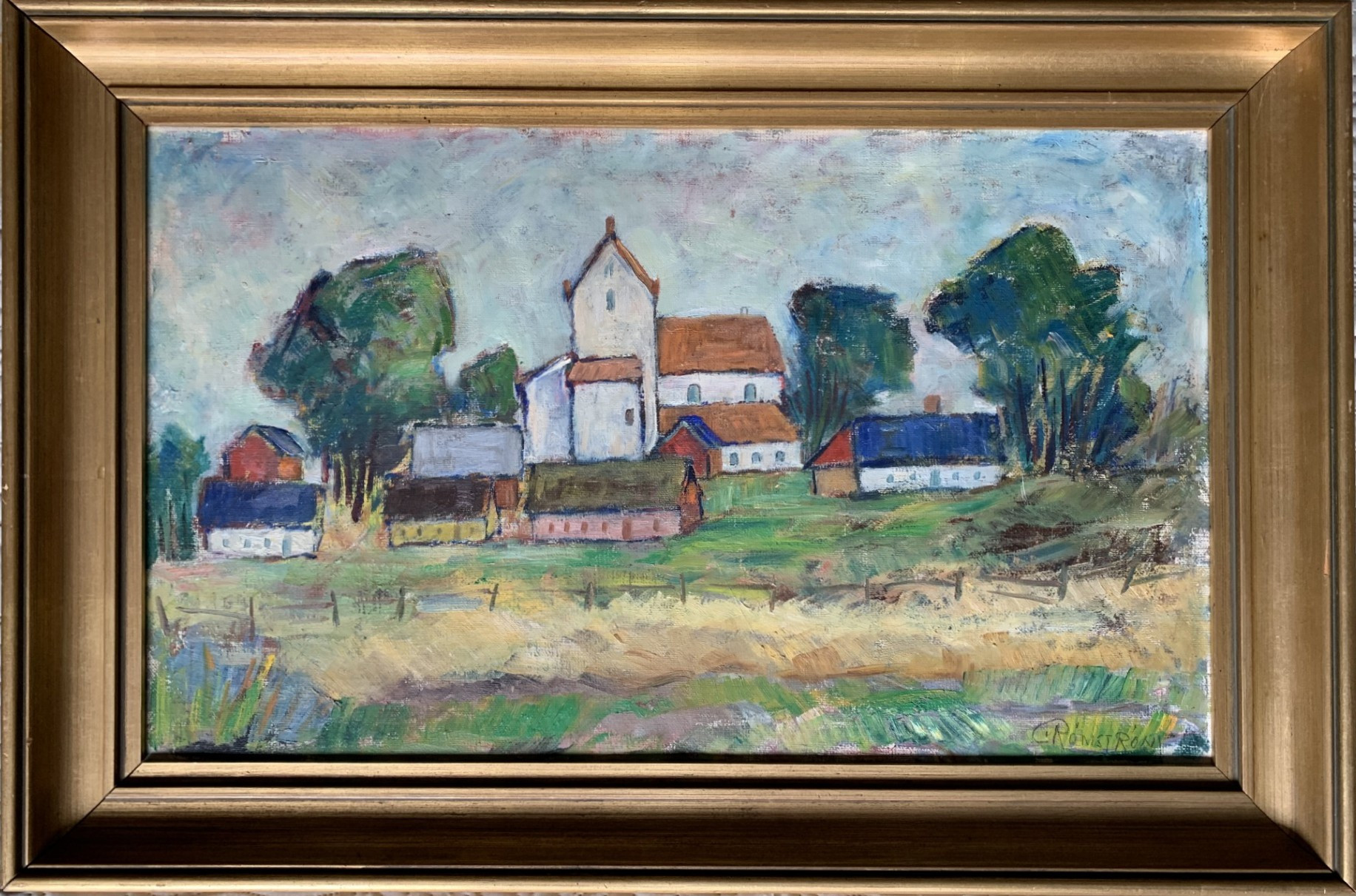 CARL RÖNSTRÖM. OLJA PÅ DUK, motiv av Dalby kyrka, signerad.