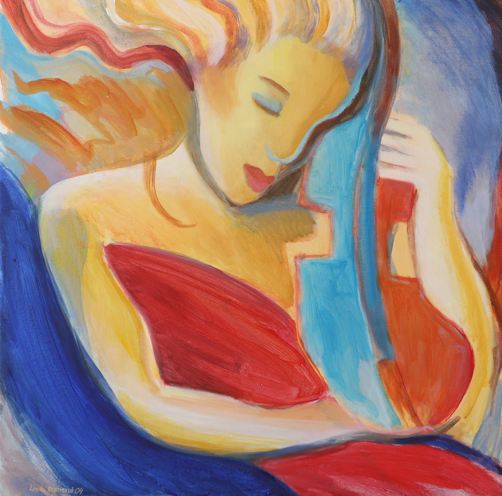 LINDA DAFNEROT. Kvinna med fiol, olja på duk, signerad -04.