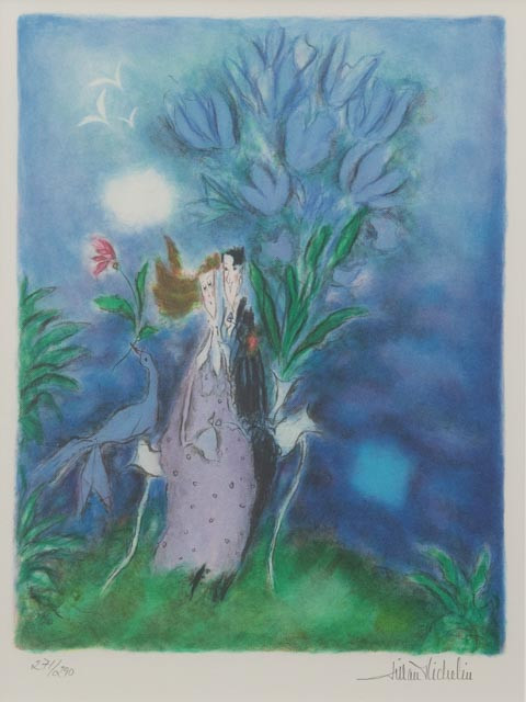 LILIAN MICHELIN. Sittande par vid bänk, litografi nr 271/290. signerad.