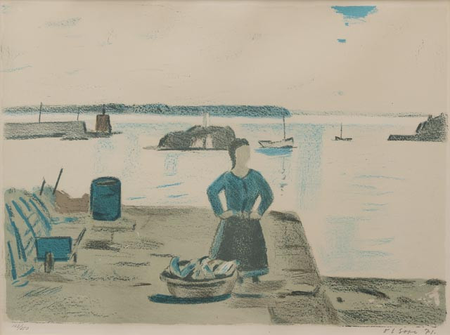 OVE OLSON. Fiskarkvinna på brygga, litografi nr 122/250, signerad och daterad -71.