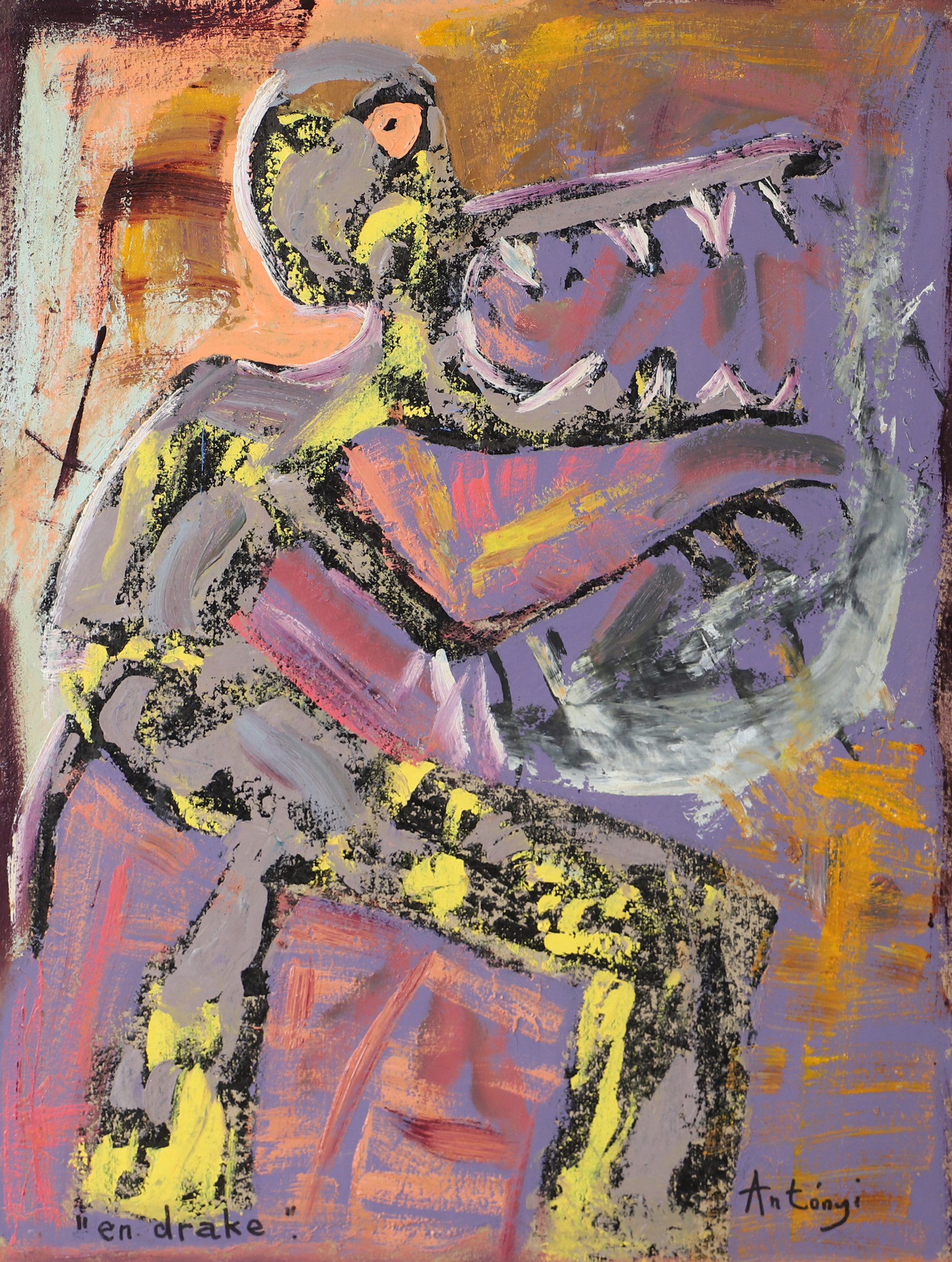 IMRE ANTONYI. En drake, olja på papp, signerad Antonyi.