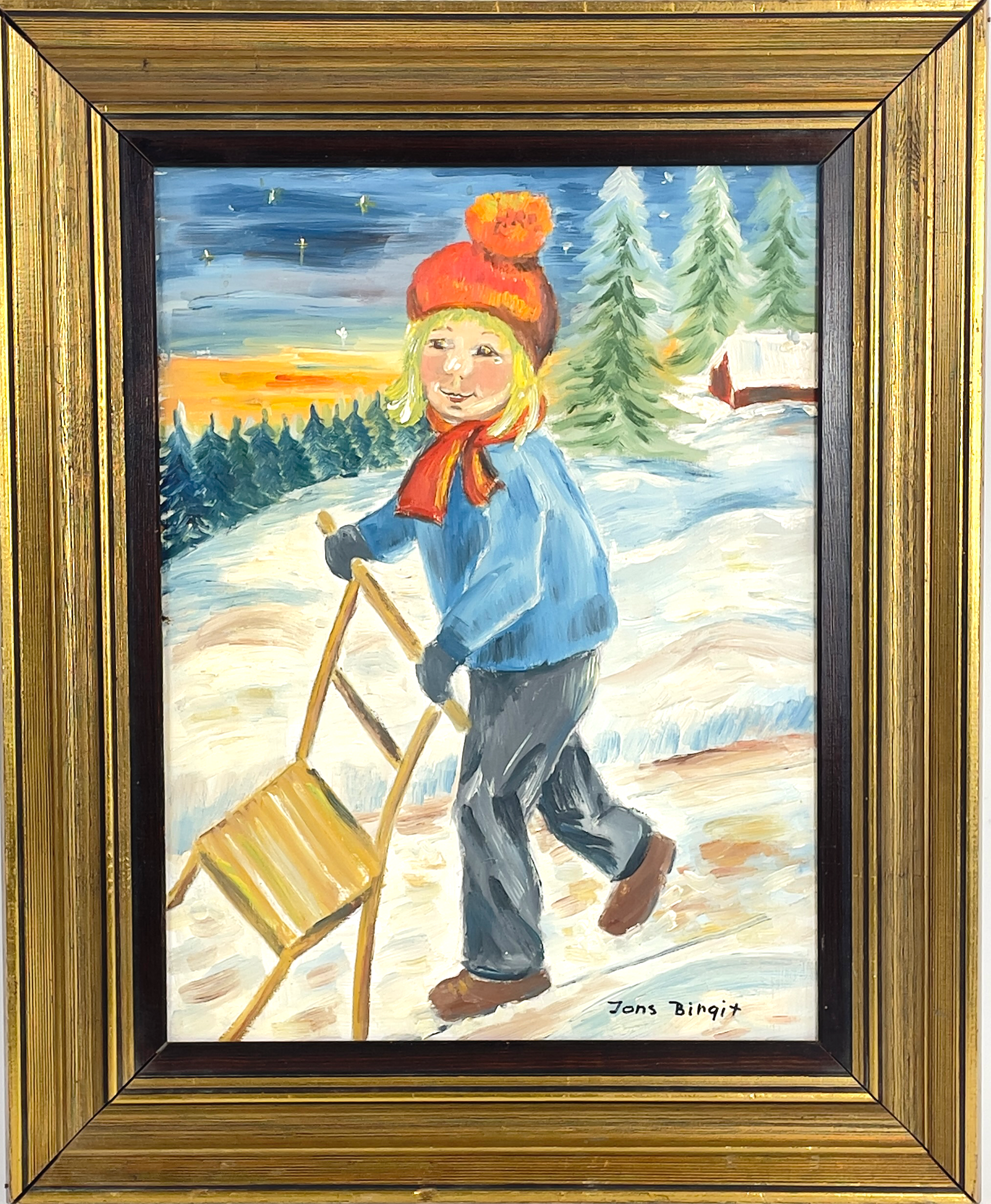 BIRGIT "JONS BIRGIT" ERIKSSON (1926-1994), olja på pannå, "Barndomens glada dar", signerad Jons Birgit.