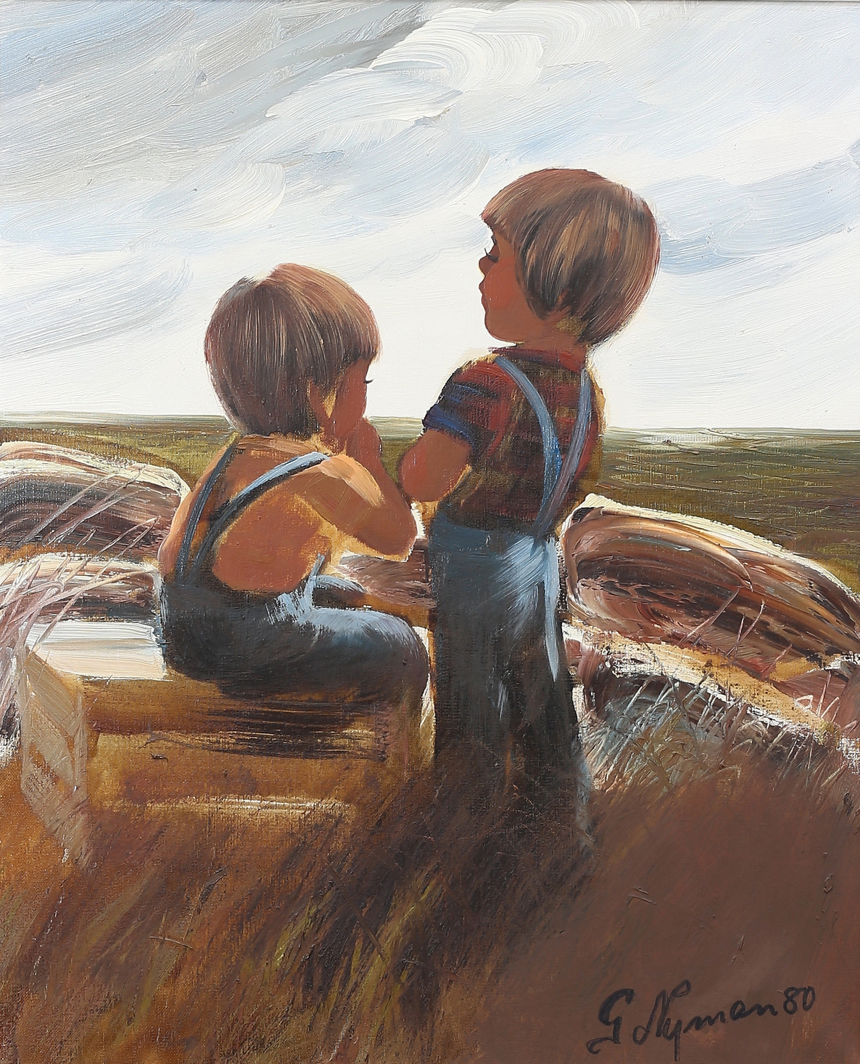 GUSTAF NYMAN. (Malmö född 1932) "Pojkar vid stranden", olja på du, signerad, daterad 80.
