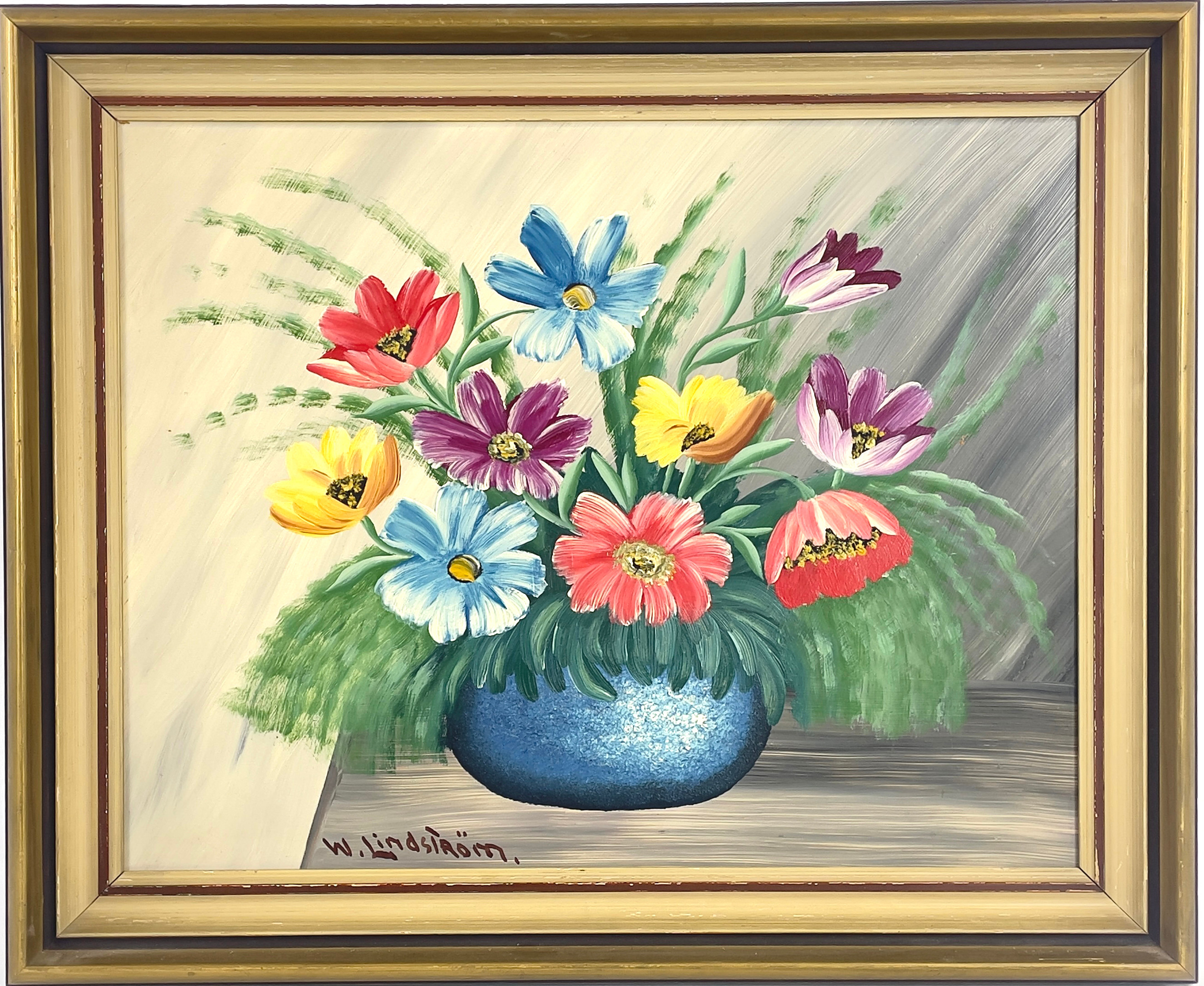 OIDENTIFIERAD KONSTNÄR, olja på pannå, blomsterstilleben, signerad W Lindström, 1900-talets första hälft.