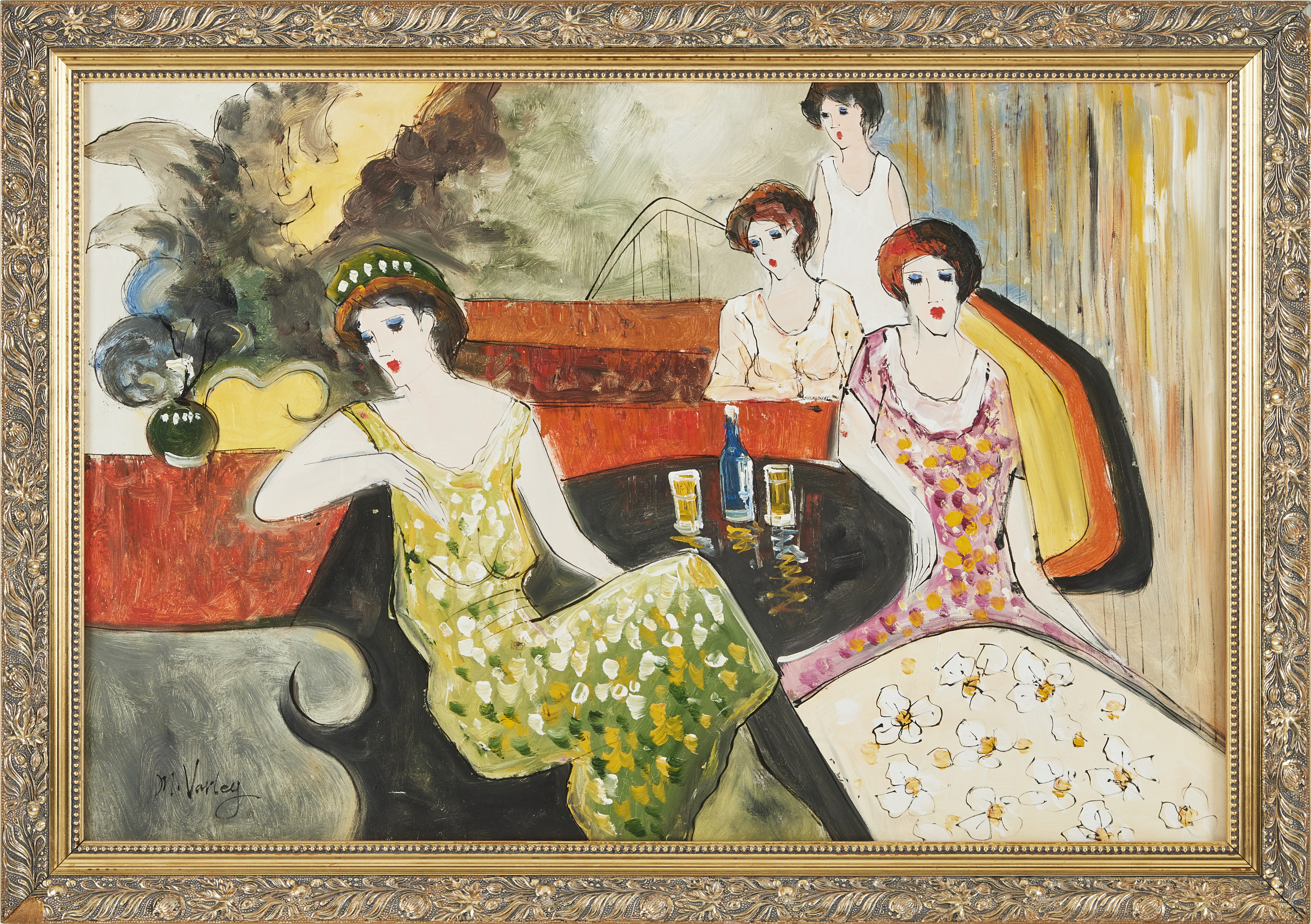 MARY VARLEY (FÖDD 1969). Damsällskap, olja på duk.