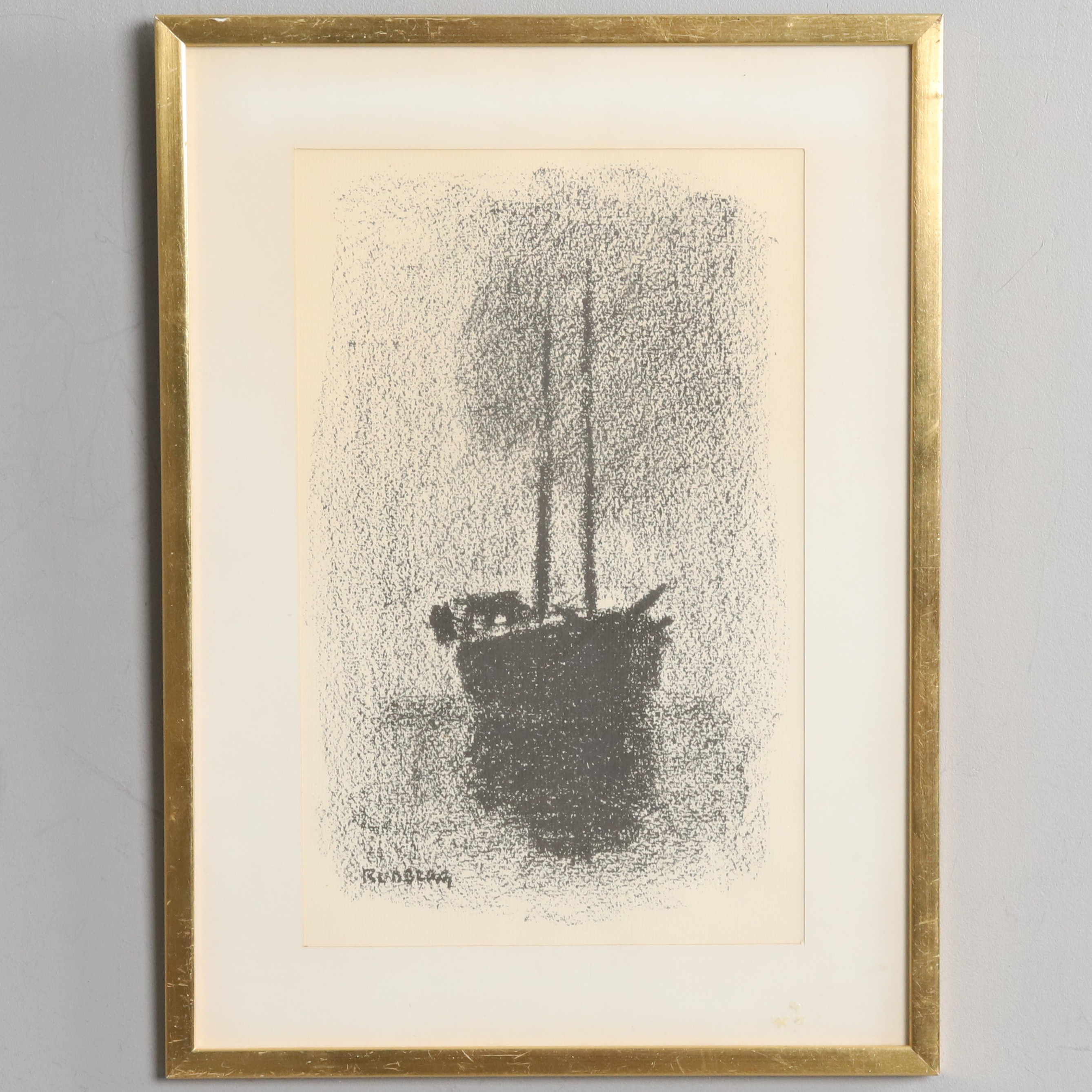 GUSTAV RUDBERG. Litografiskt tryck, segelbåt, signerad i tryck.